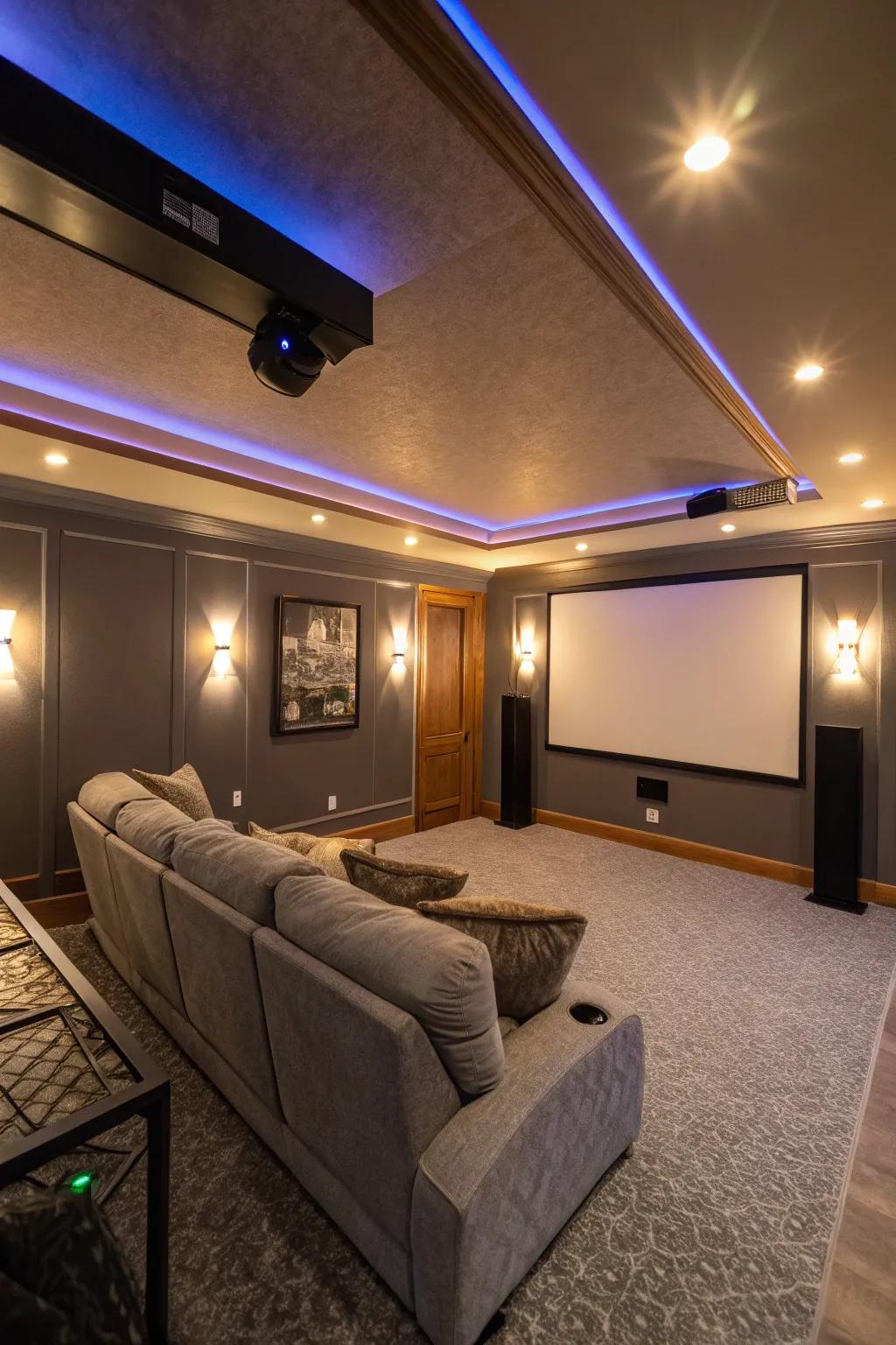 Ambient lighting enhancing the overall home theater experience.