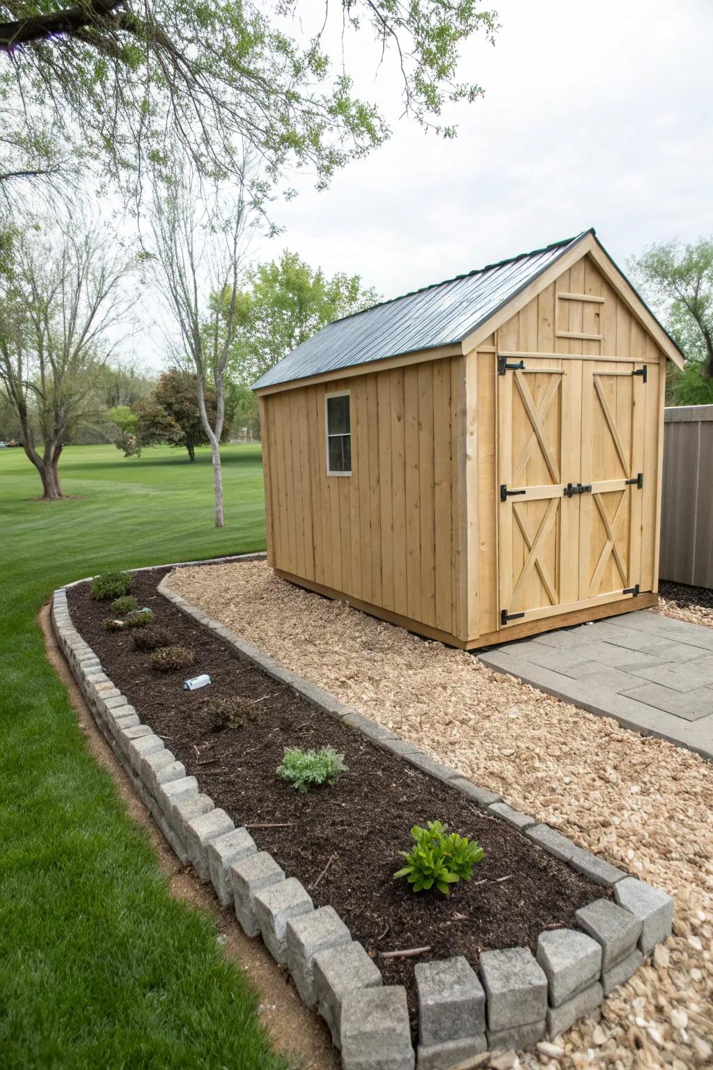 Wood chips or crushed stone deliver a neat and manageable border for your shed.