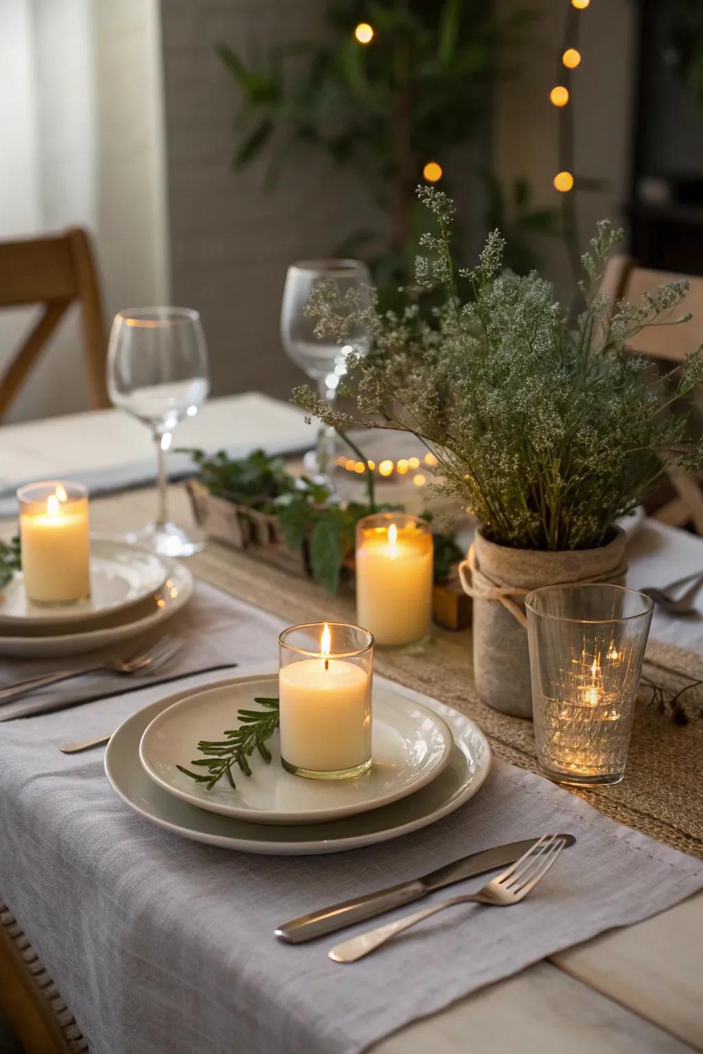 Petite votive candles contribute a snug glow to the table.