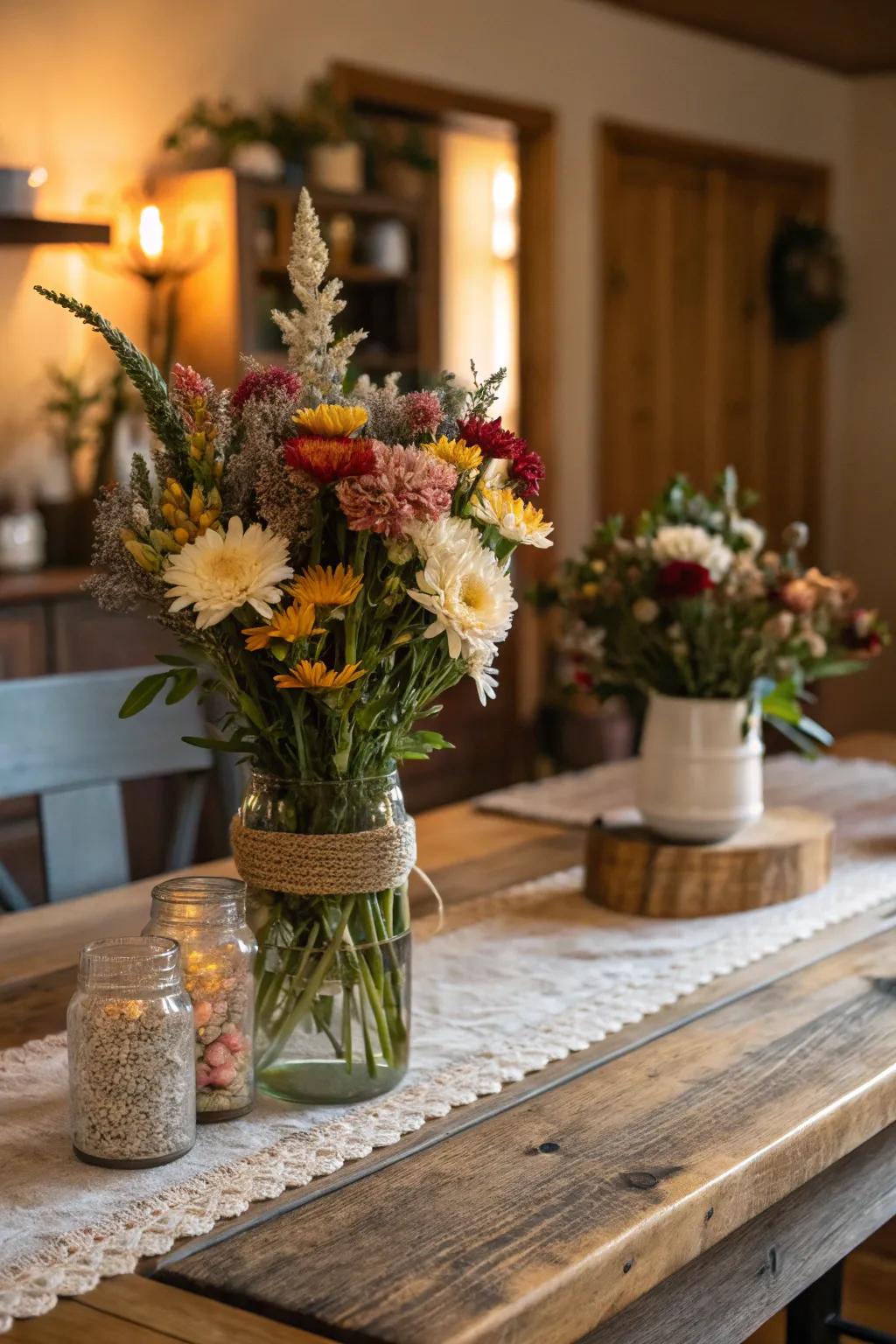 Preservation cylinders showcasing seasonal flowers on a rustic table.