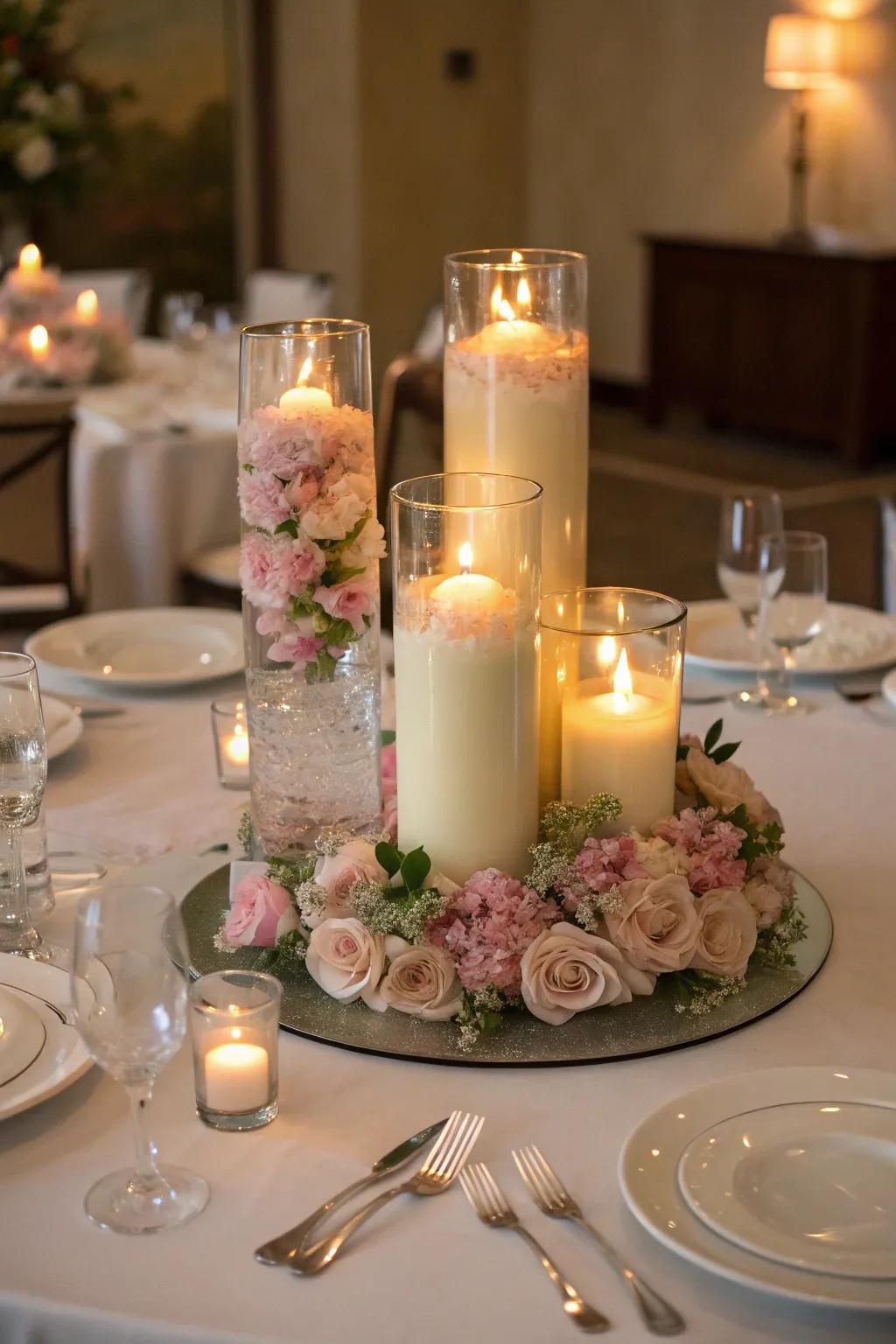 Buoyant light sources in clear holders fashion a serene and romantic showpiece.