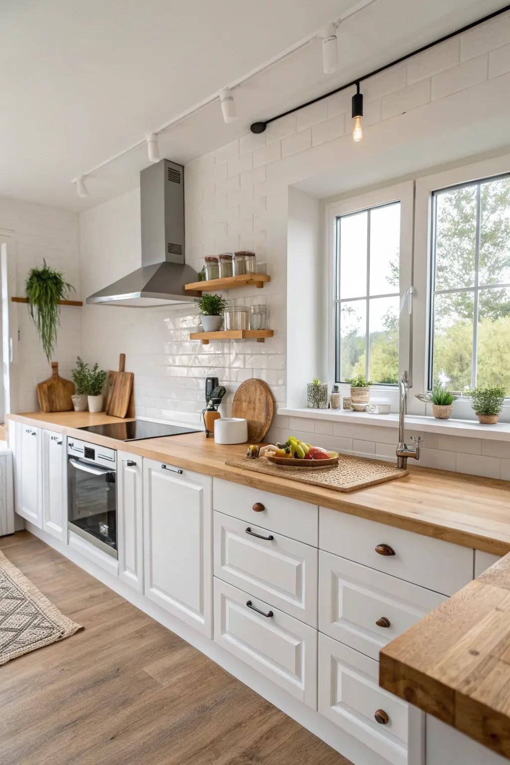Wood features bring a sense of warmth to a predominantly white kitchen.