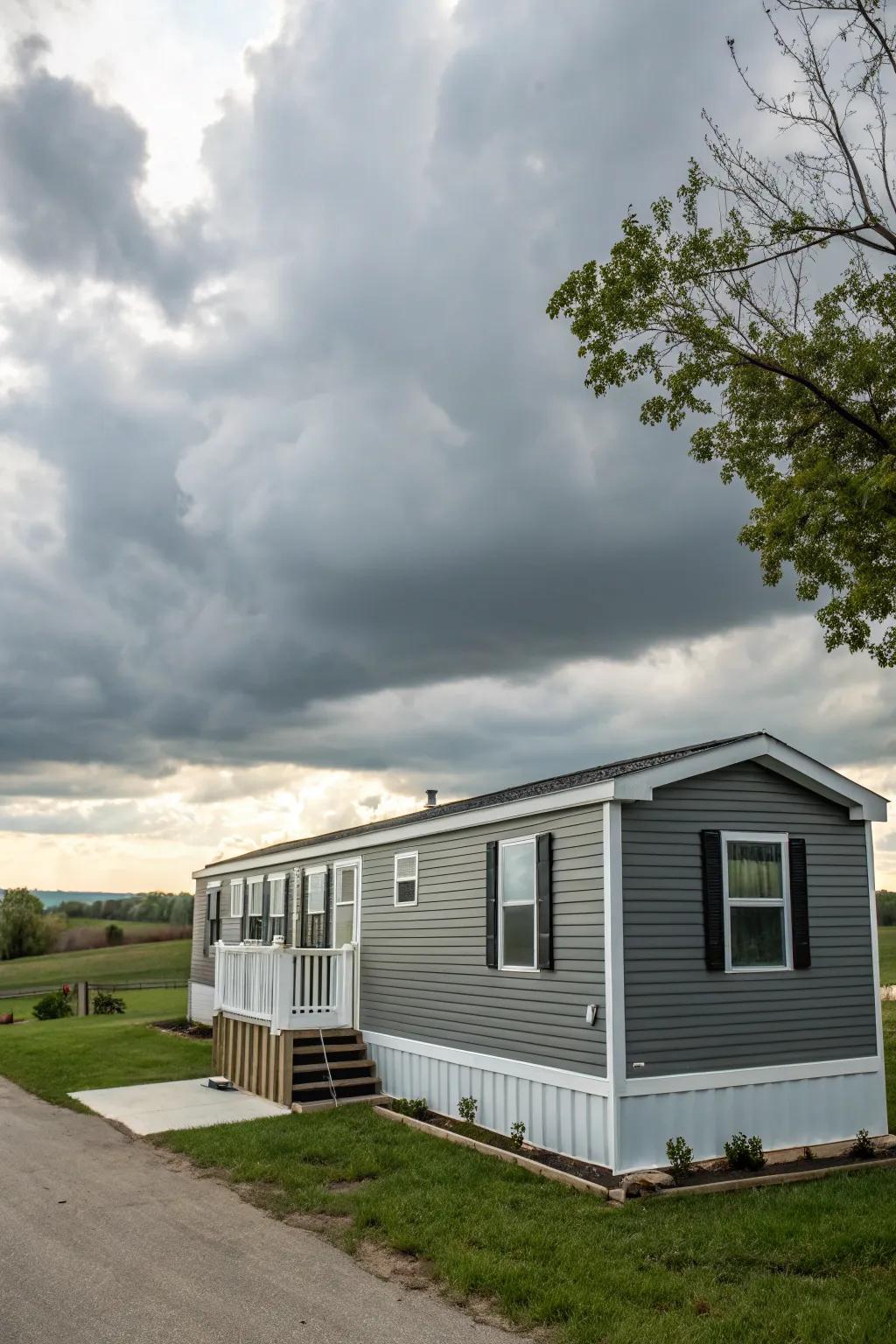 Subtle grays deliver a contemporary, refined aesthetic for your mobile home.
