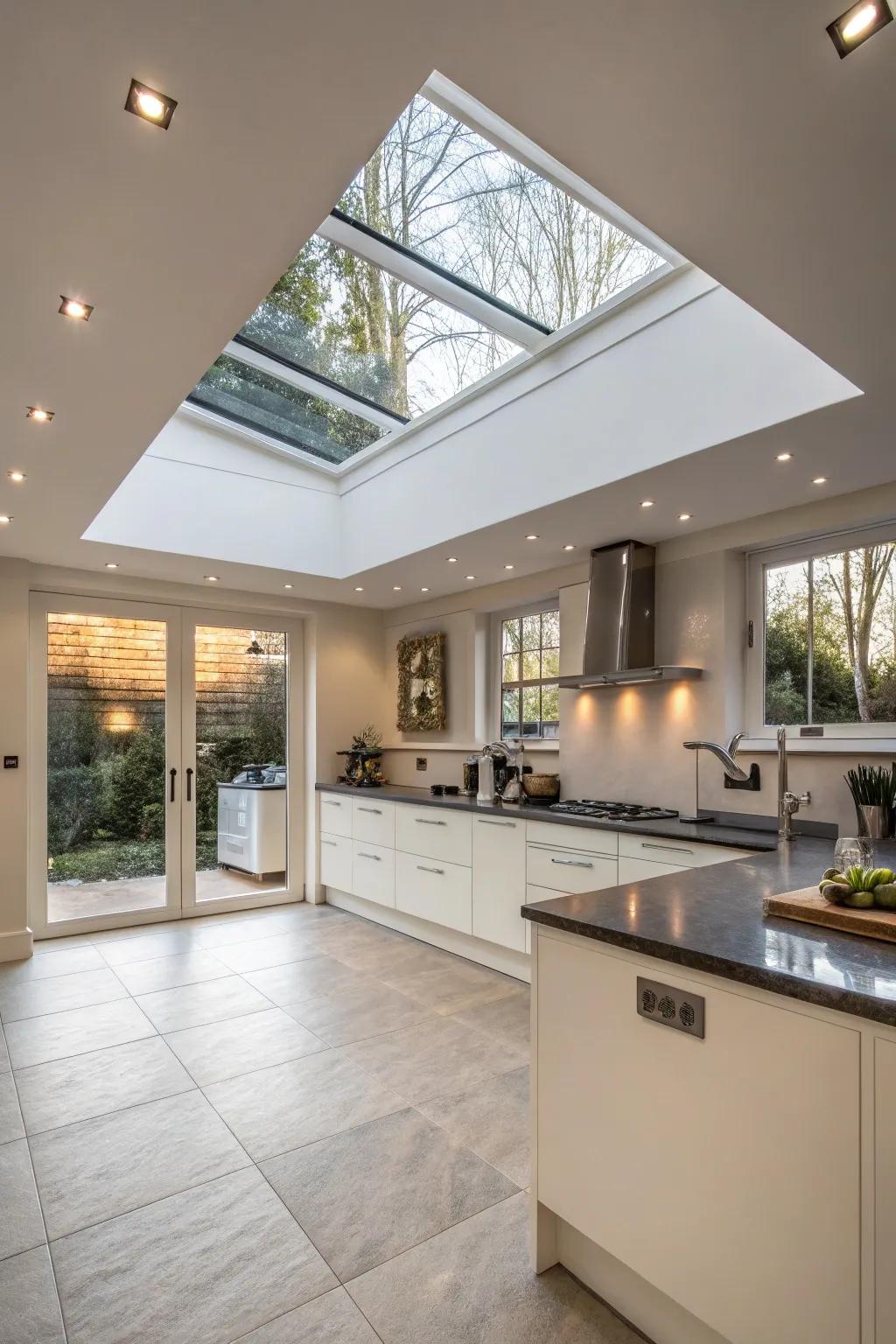 A modern cooking area showing a skylight using fitted lighting.