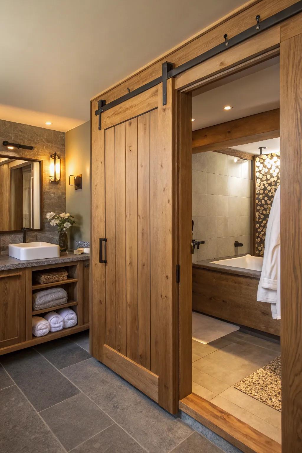 Wood-finished sliding doors add natural texture and warmth to this bathroom.