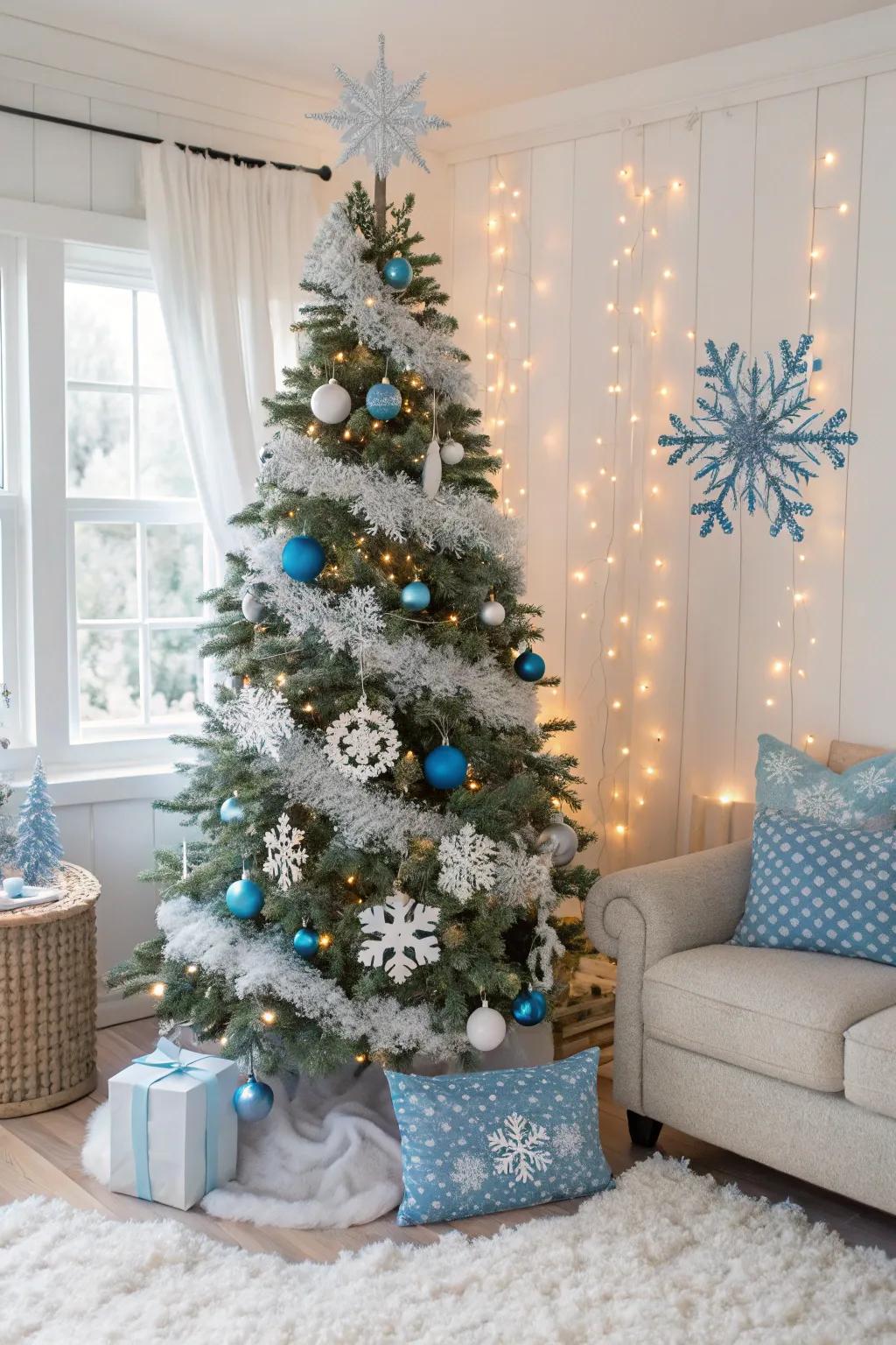A chilly wonderland theme imparts a captivating impression to a slender tree.