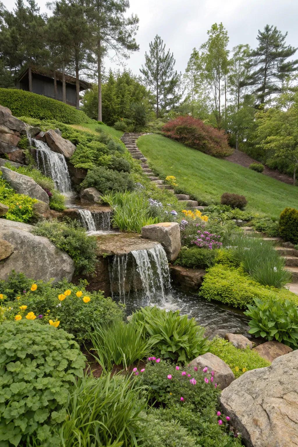 A serene waterfall elegantly complements this sloped garden.