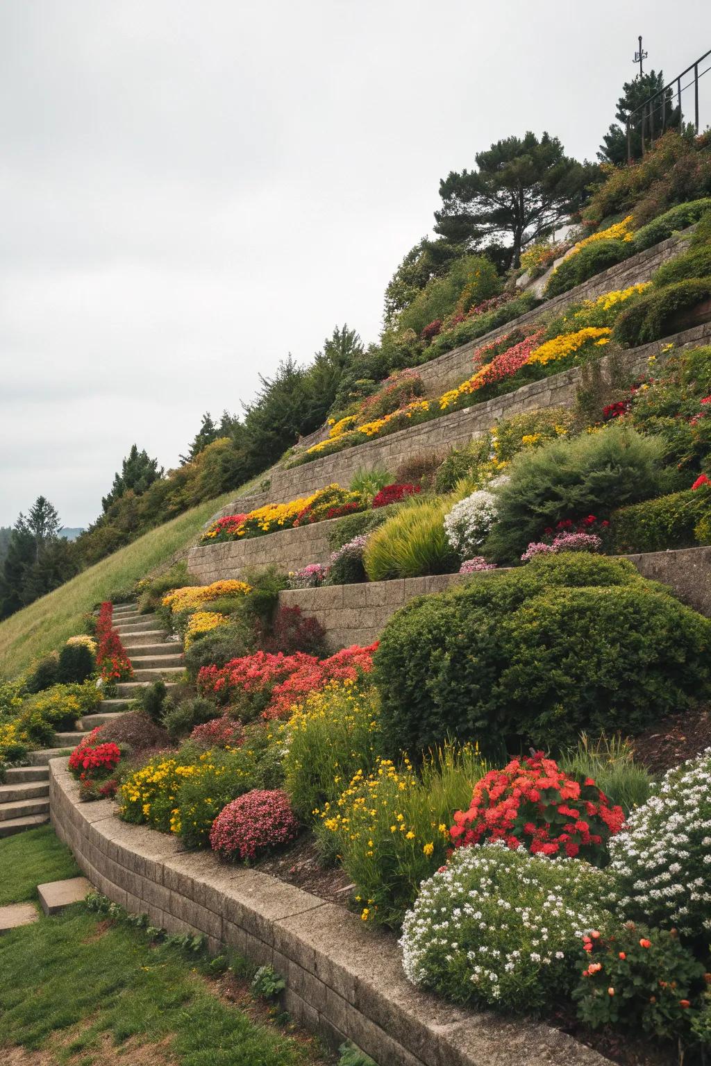 Tiered garden beds introduce color and vitality to slopes.