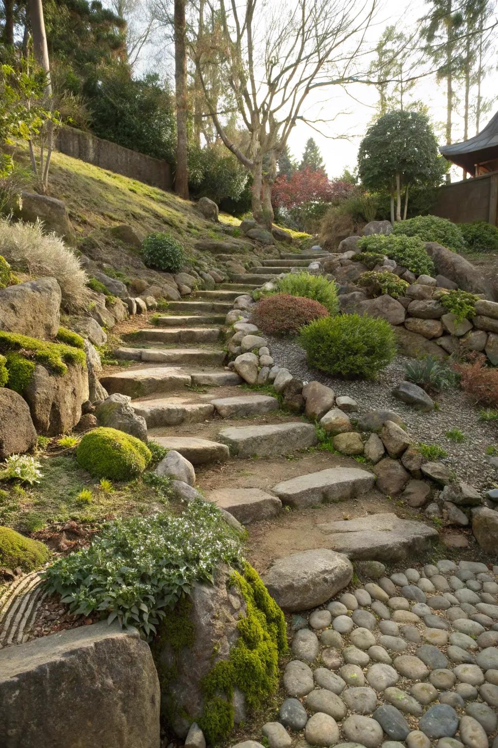 Stone paths make a journey through the rock garden.
