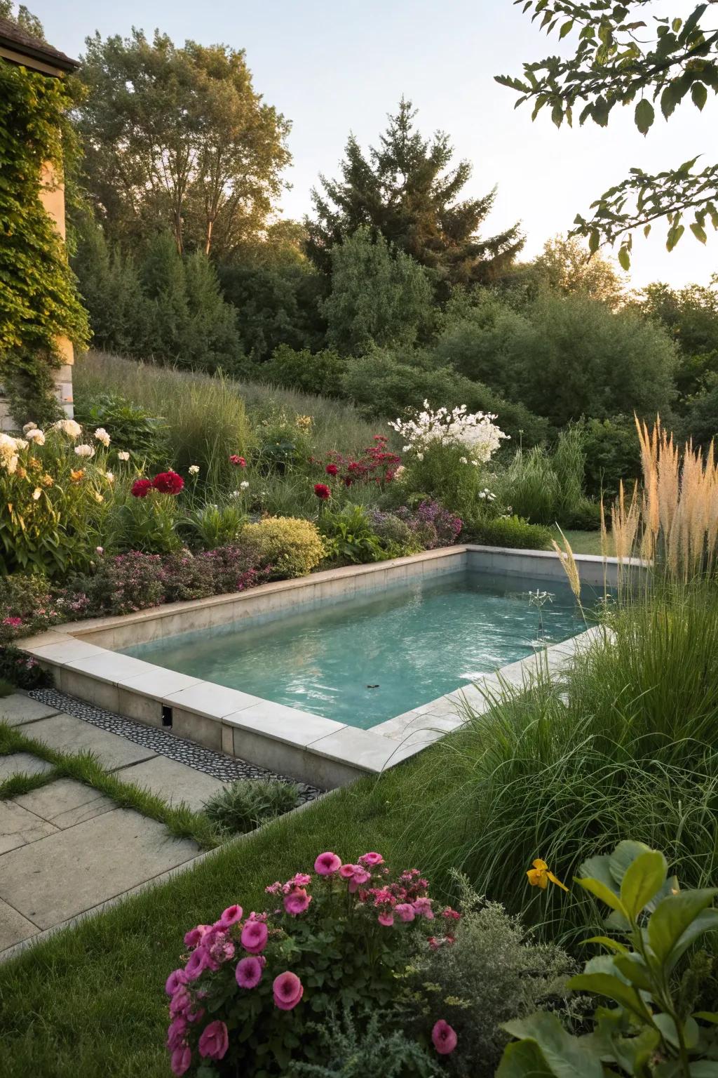 A serene above-ground pool set within a flourishing green environment.