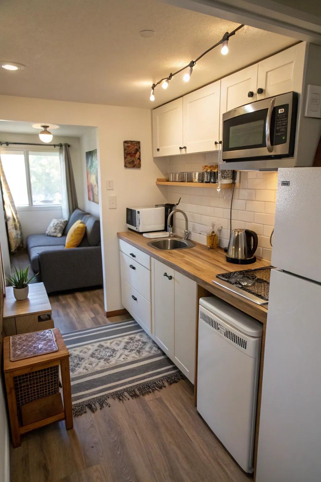 A neatly arranged mini-kitchen maximizes usability in smaller rental units.