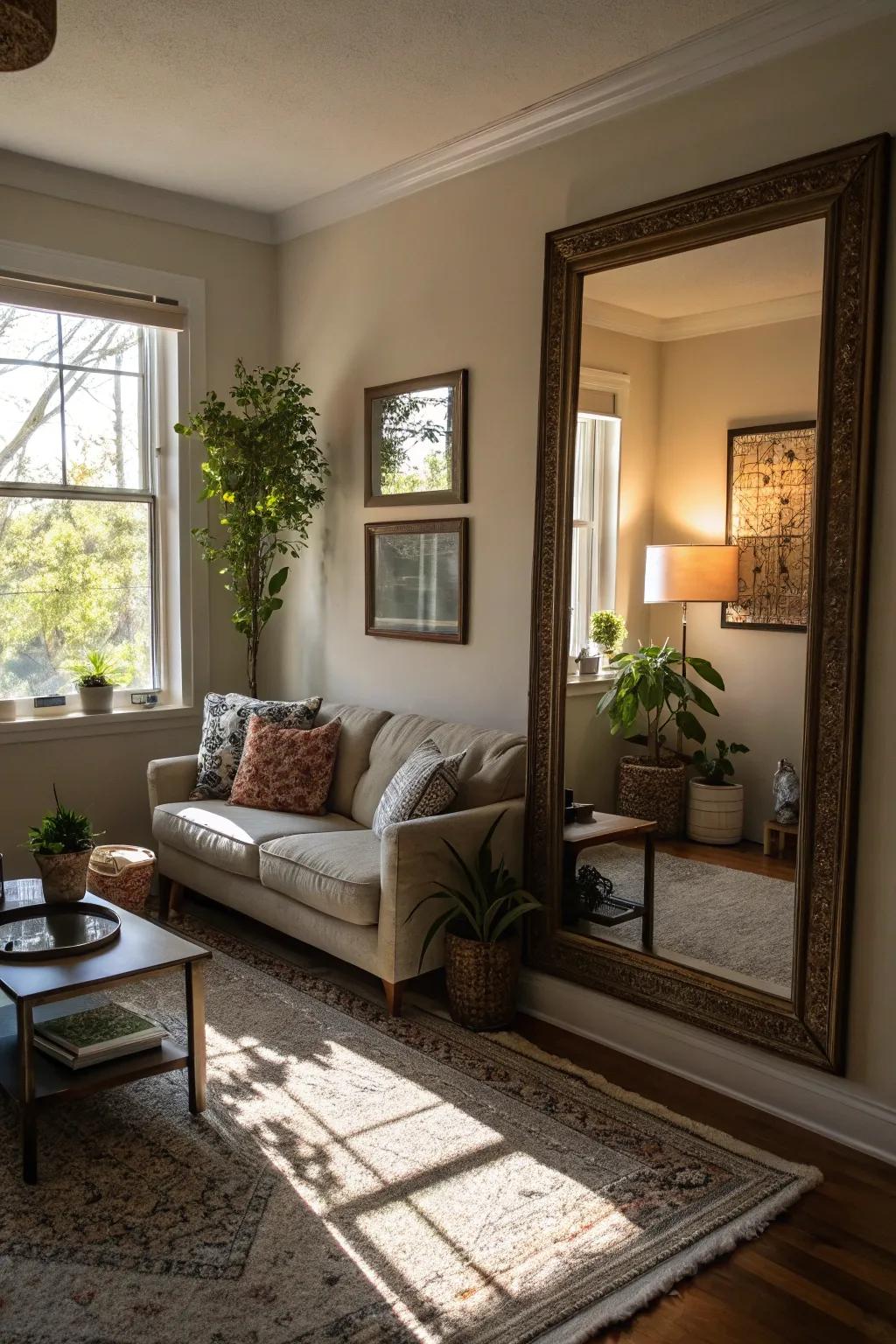 A smartly positioned mirror enhances the light and perception of space.