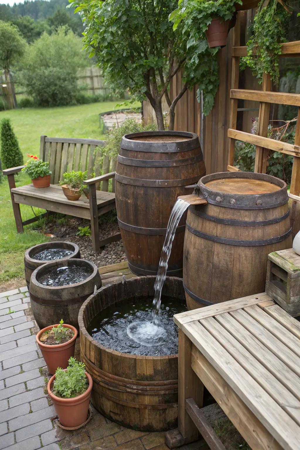 Reimagined containers fashion a distinctive and captivating waterfall element.