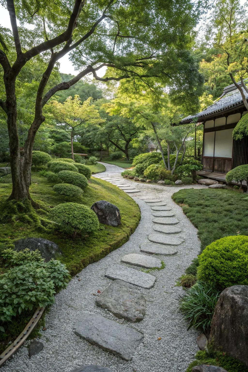 A zen garden featuring a walkway tile path that meanders through vegetation and small stones.