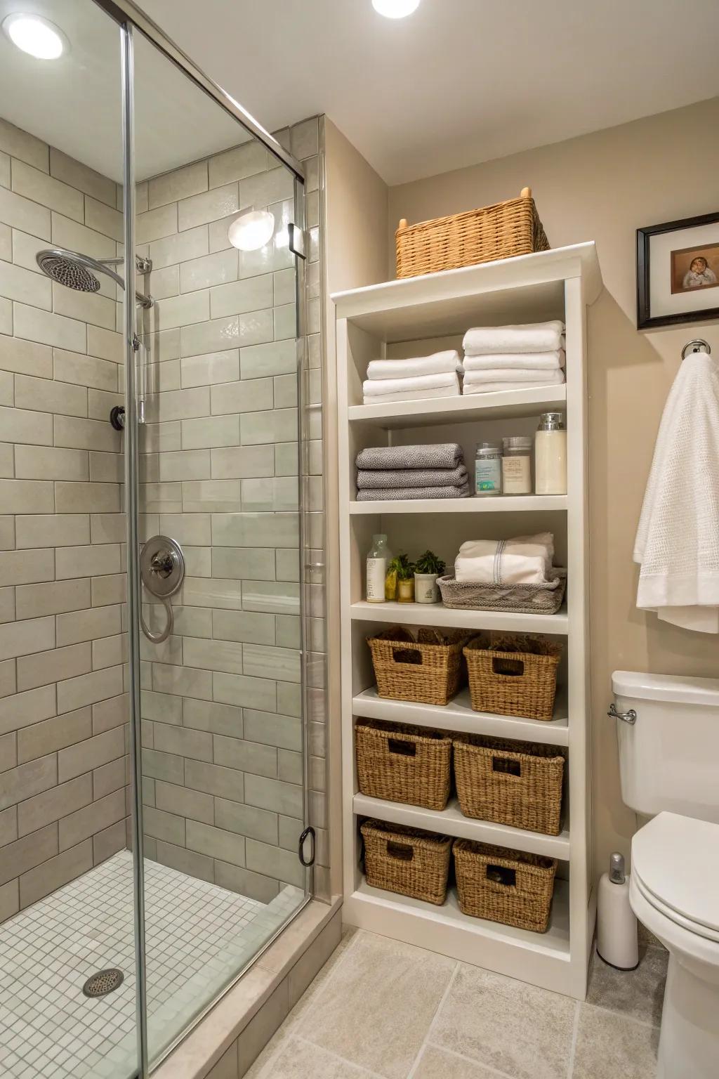 Recessed shelves provide practical storage solutions in small showers.