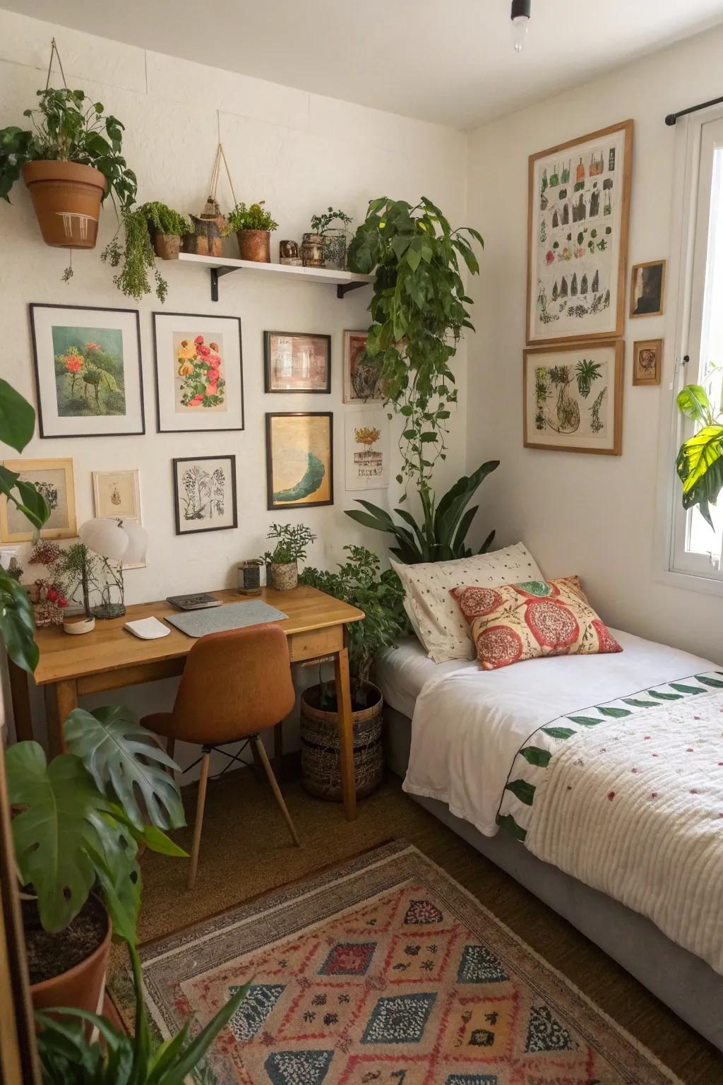 A compact bedroom decorated with indoor plants and art to enhance its character.