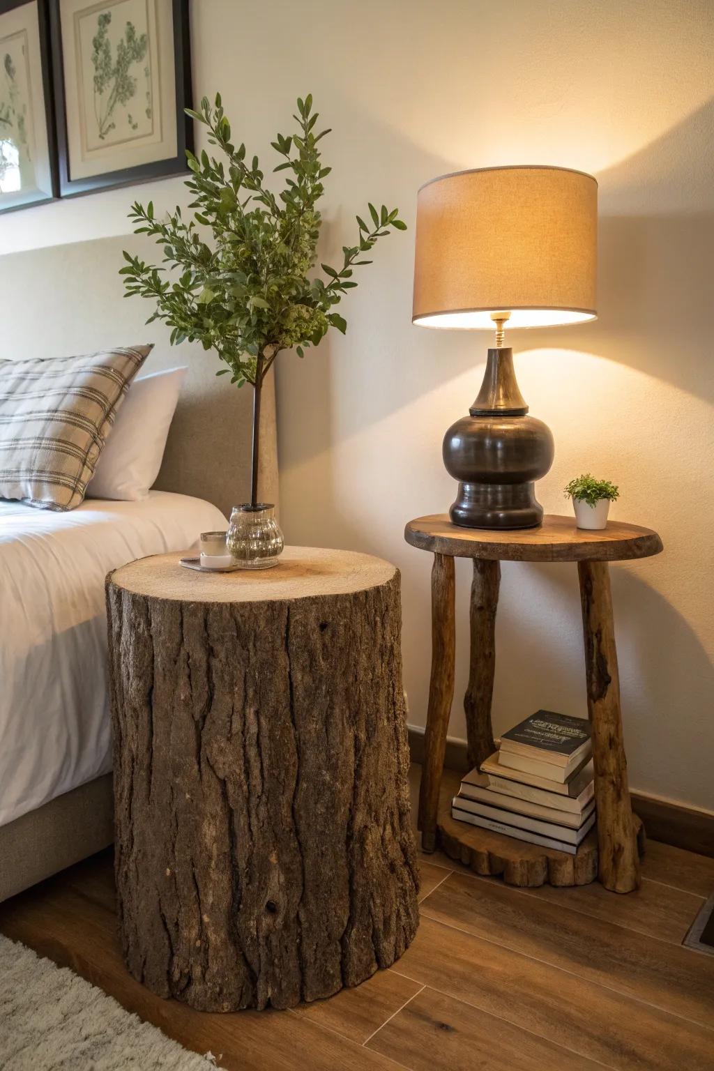 A tree base brings a natural charm as a bedside table.