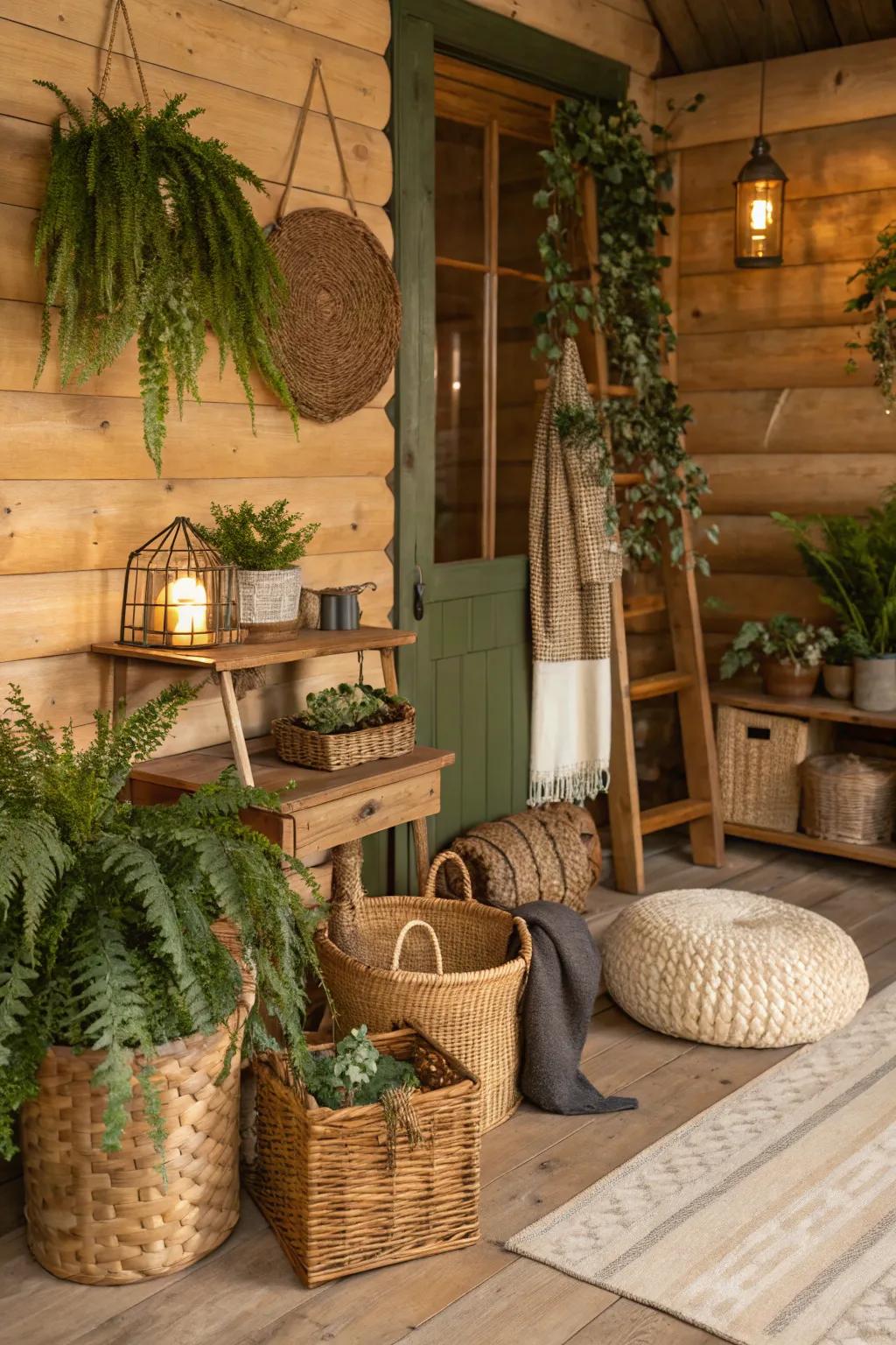 A cabin interior decorated with nature-inspired accessories and earthy tones.