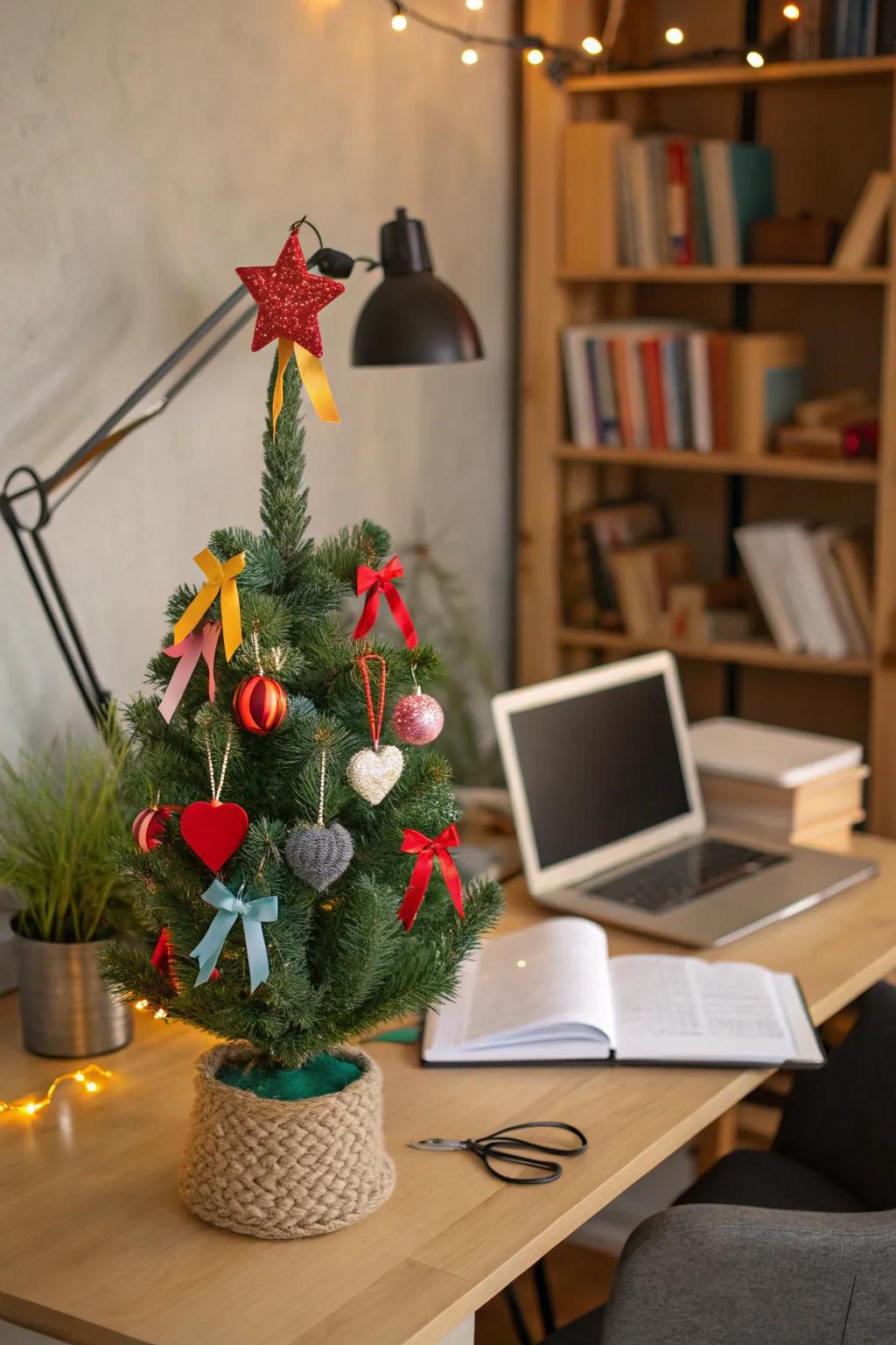 A small Christmas tree adorned with handmade ornaments for a personal touch.