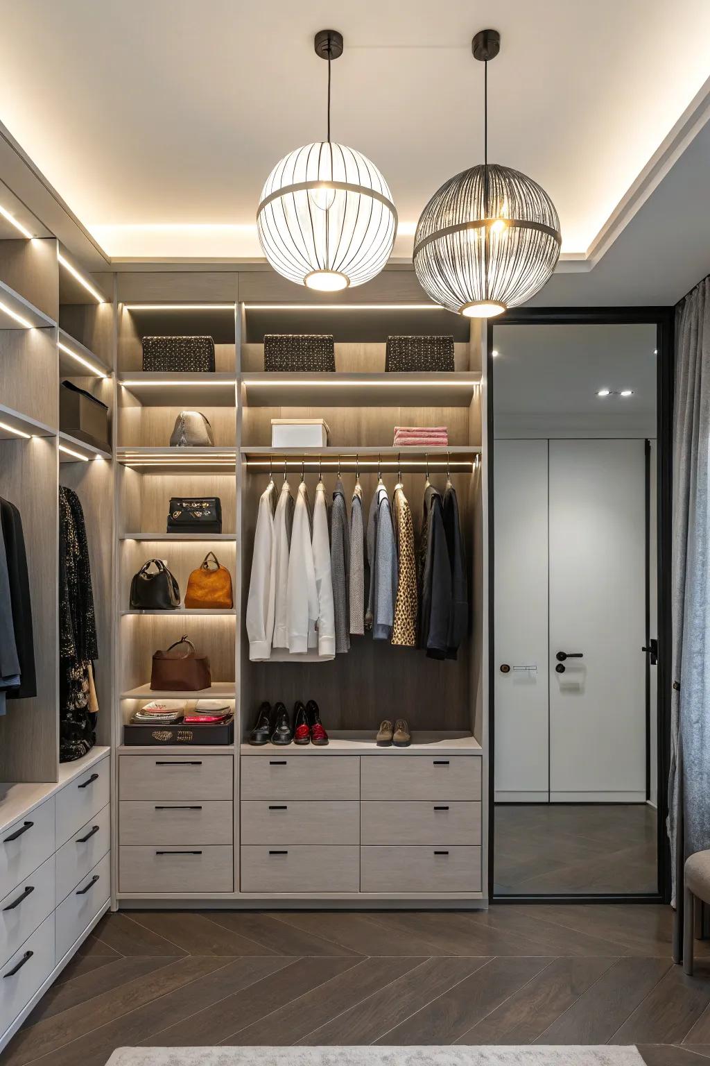 Elegant fixtures add a contemporary touch to a small closet.