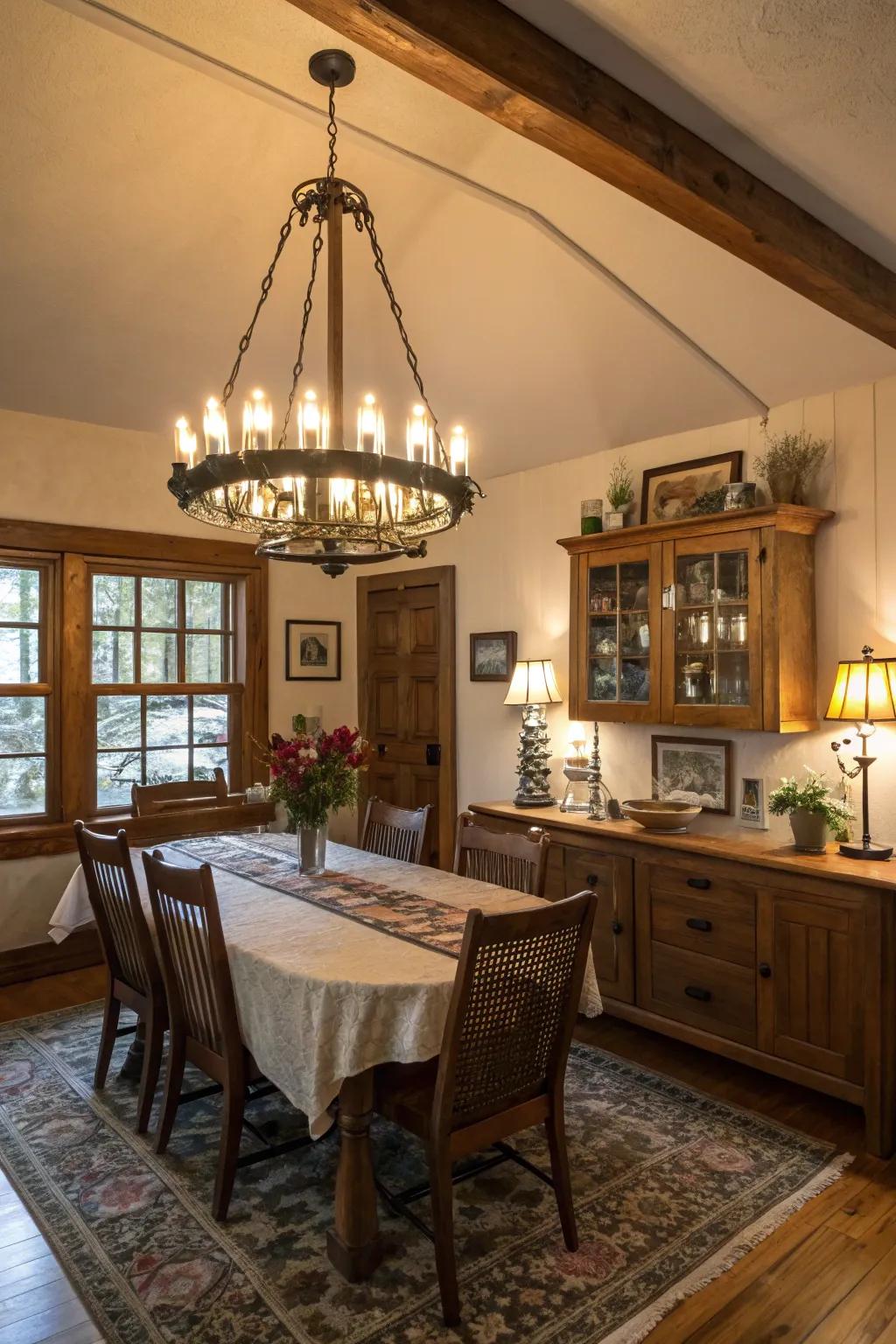 A remarkable lighting fixture enriches the room’s atmosphere.