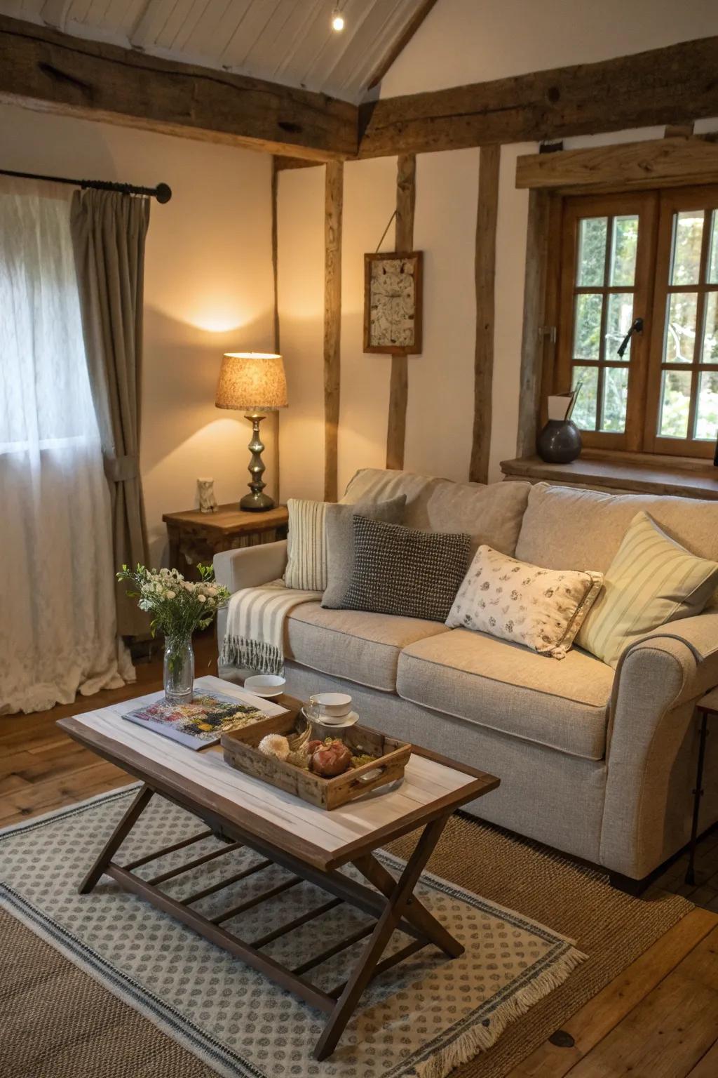 Small-scale furnishings augment area productivity within this cottage dwelling room.