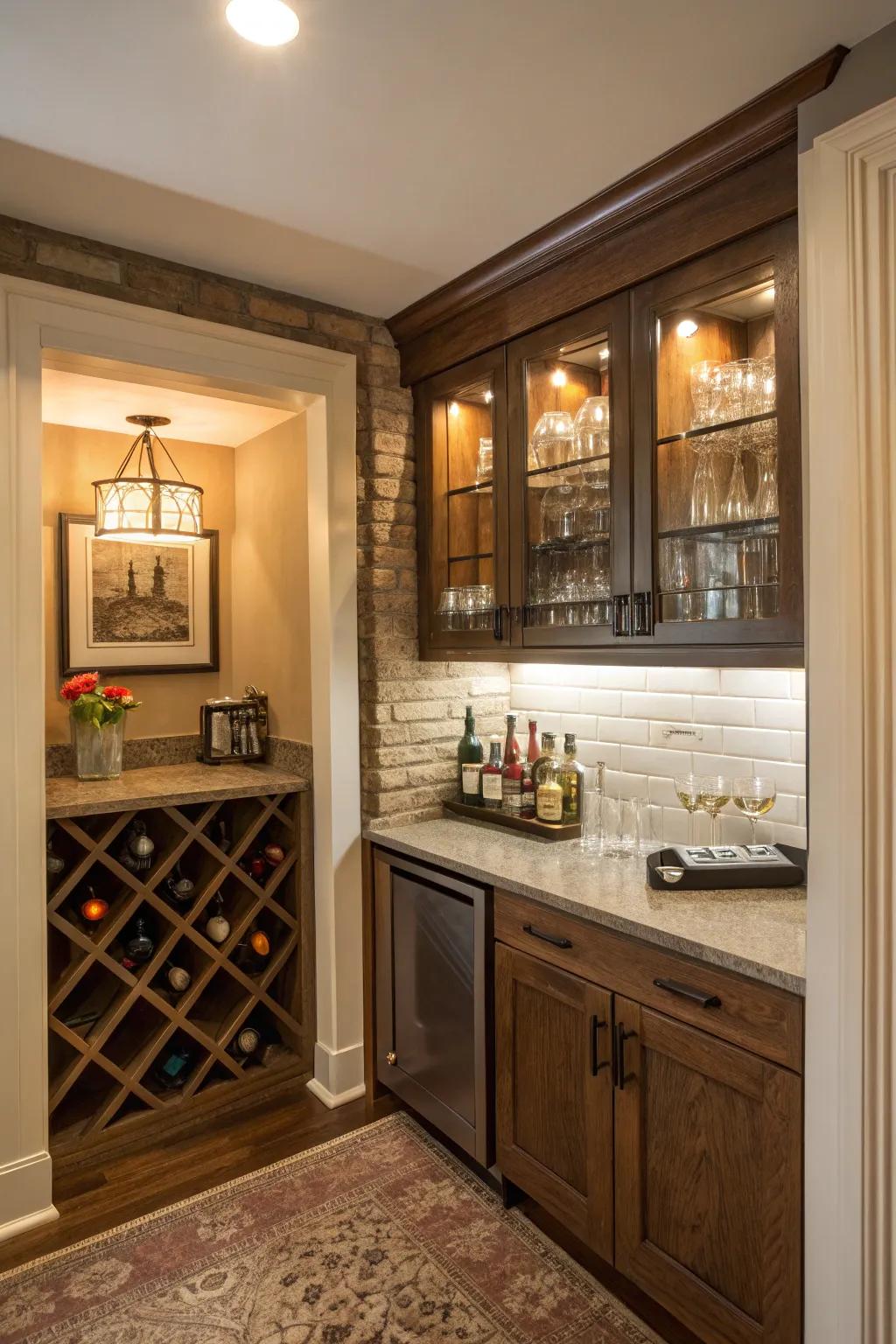 A comfortable recessed angle dry bar.