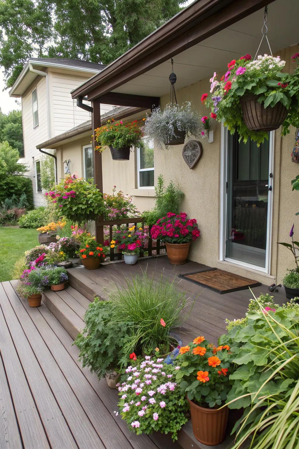 Opulent foliage infuses vitality into a petite front deck.