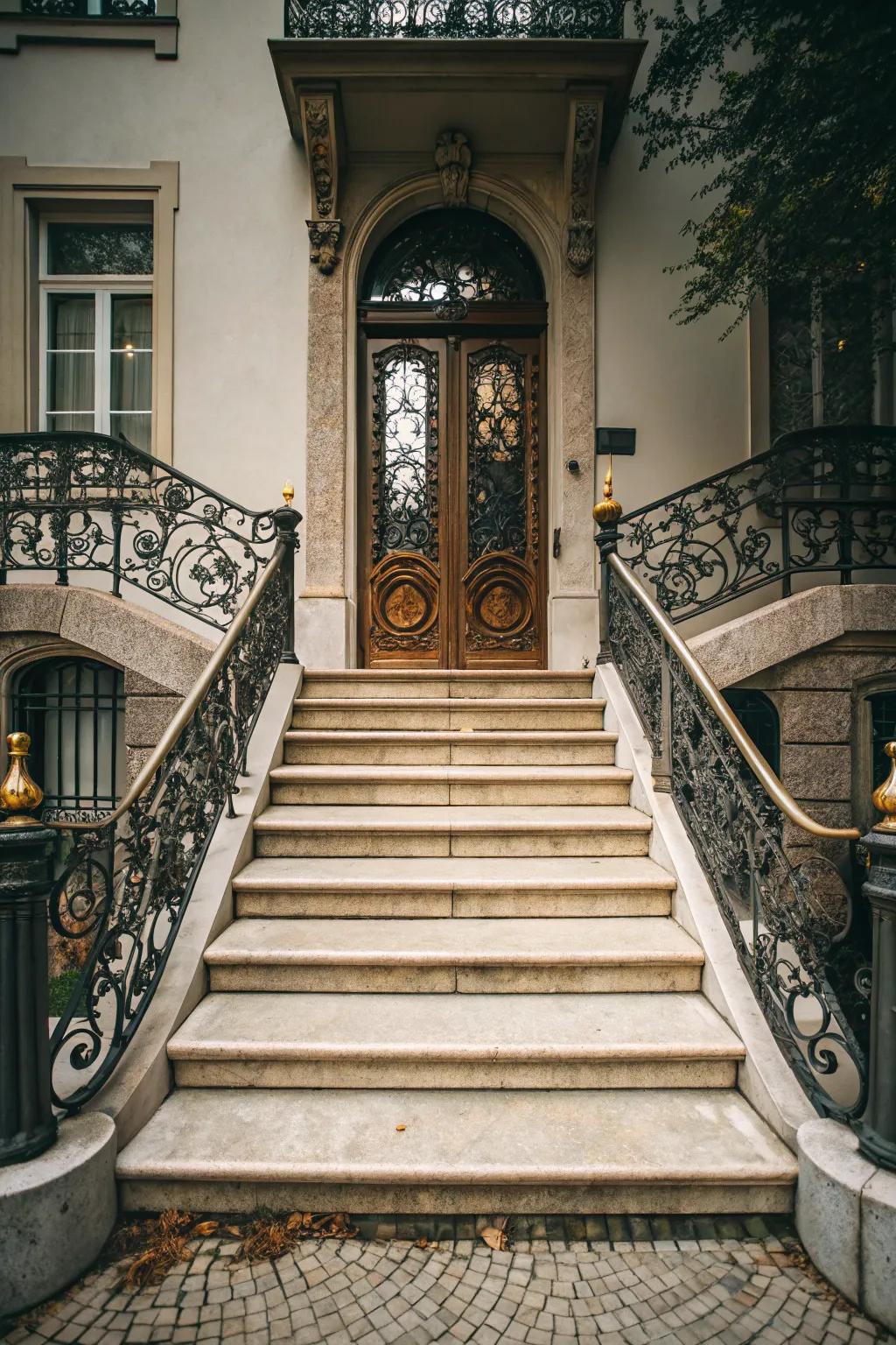 Elegant steps impart depth and elegance to a small entrance.