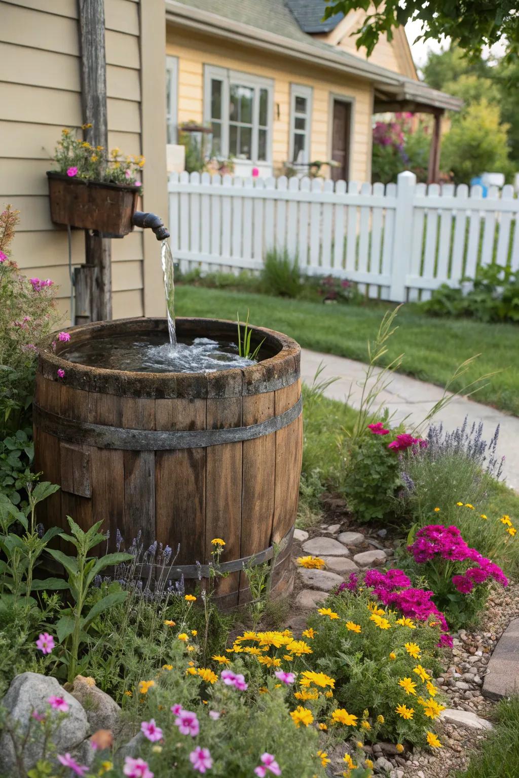 A wood cask water feature delivers countryside appeal.