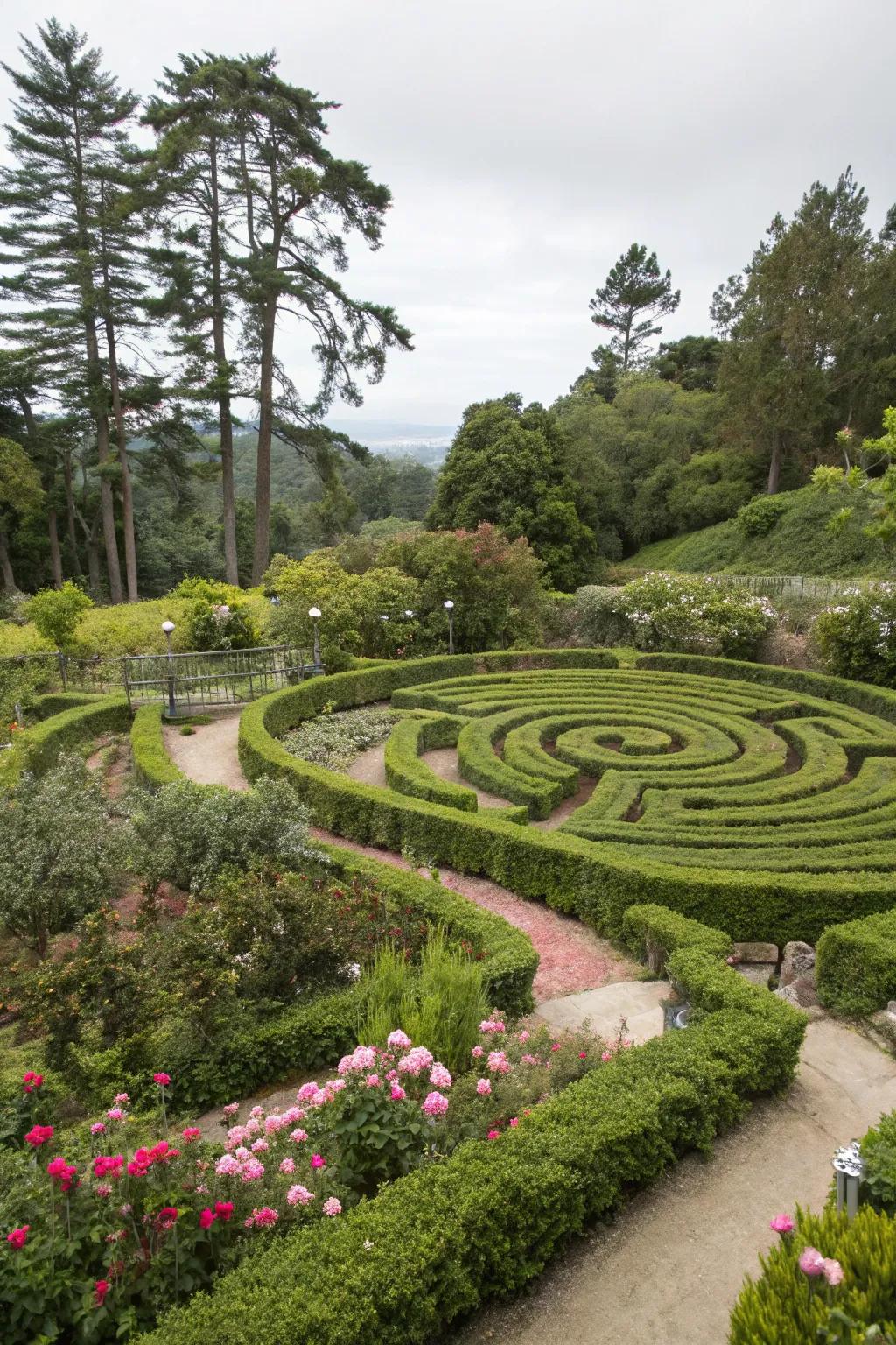 An intricate round labyrinth arrangement maximizing space efficiency in a modest garden.