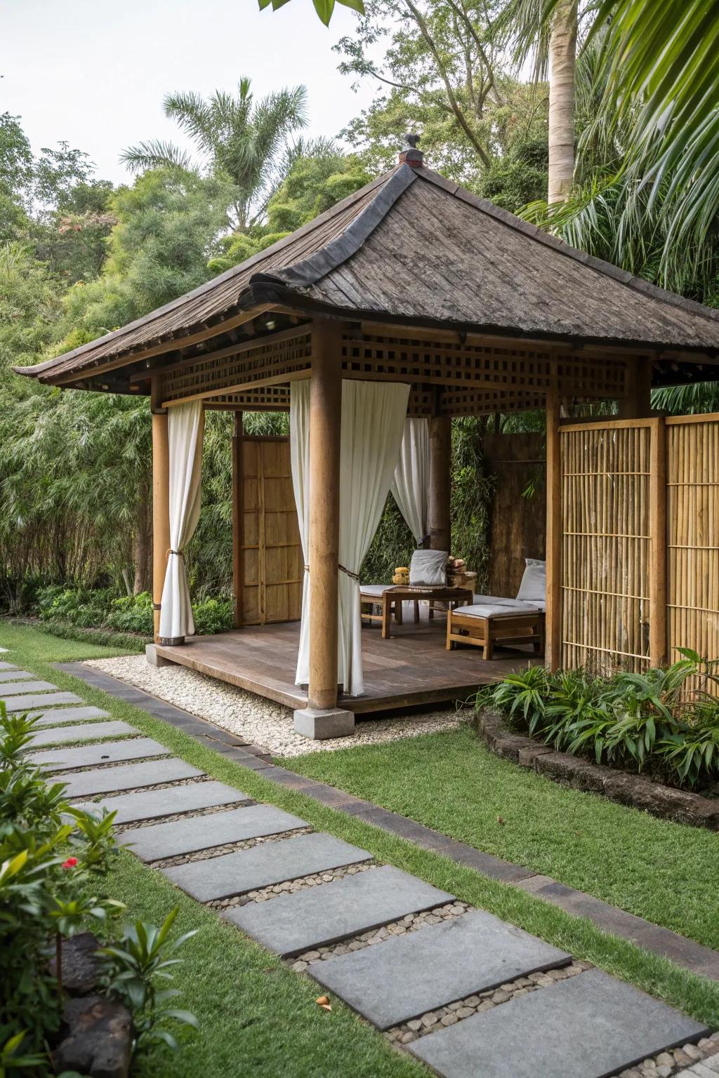 Discover tranquility in a small Zen-inspired gazebo.