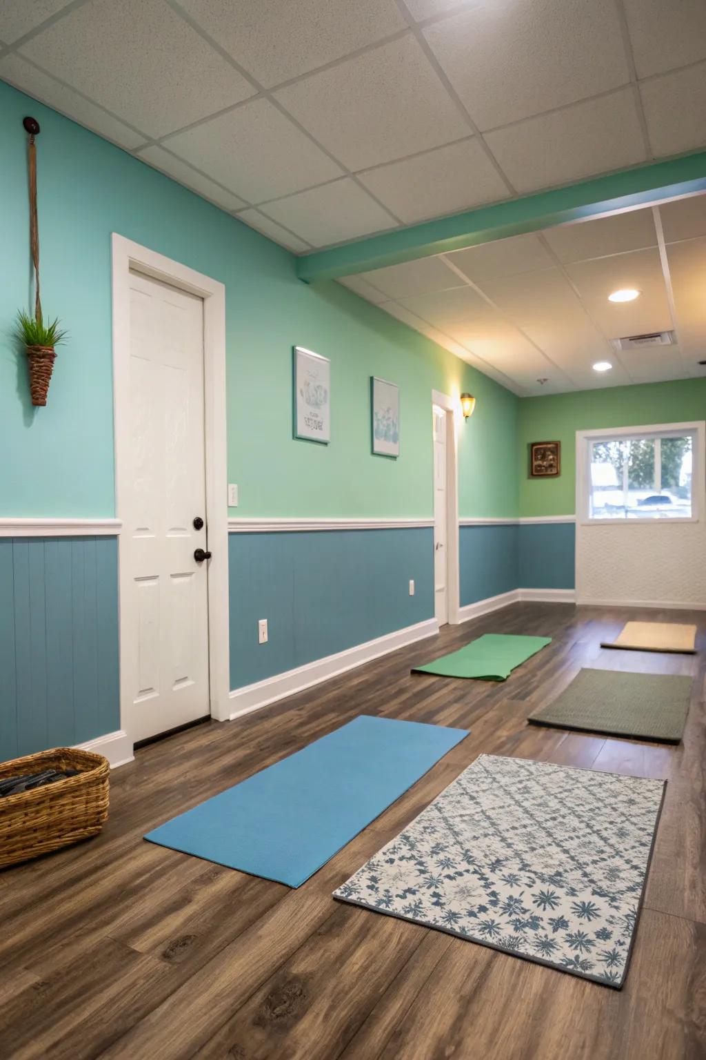 Small yoga room with walls painted in soothing blue and green.
