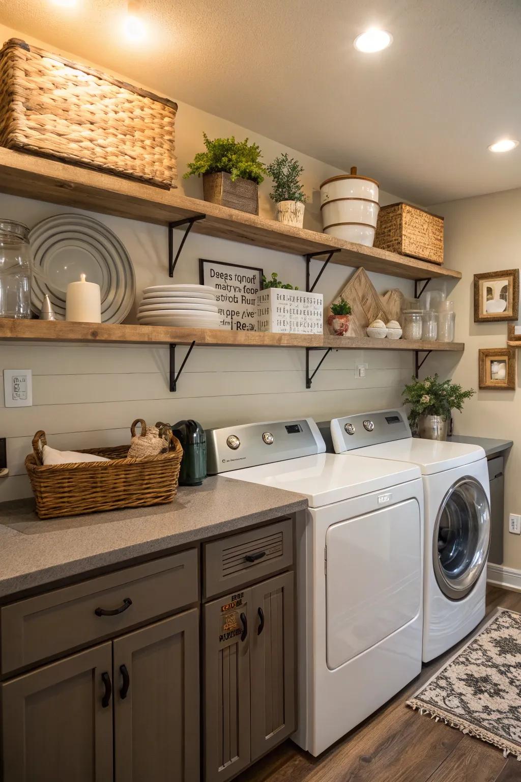 A kitchen featuring open shelves above laundry appliances, a blend of practicality and style.