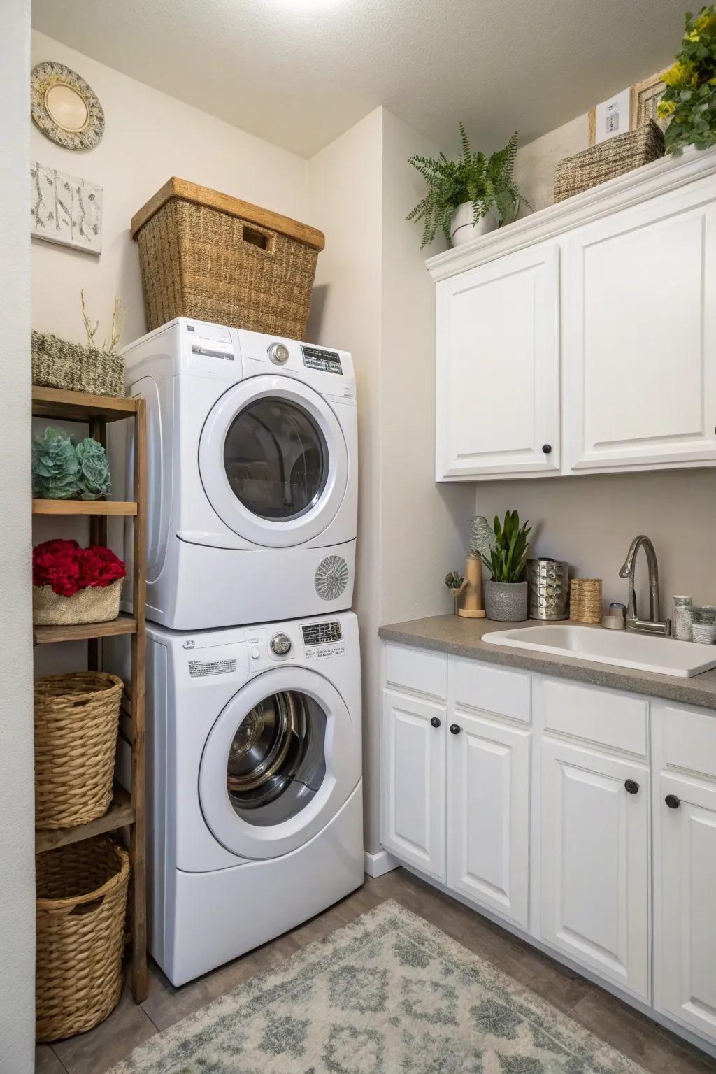 Stacking appliances can maximize area efficiency in small laundry rooms.
