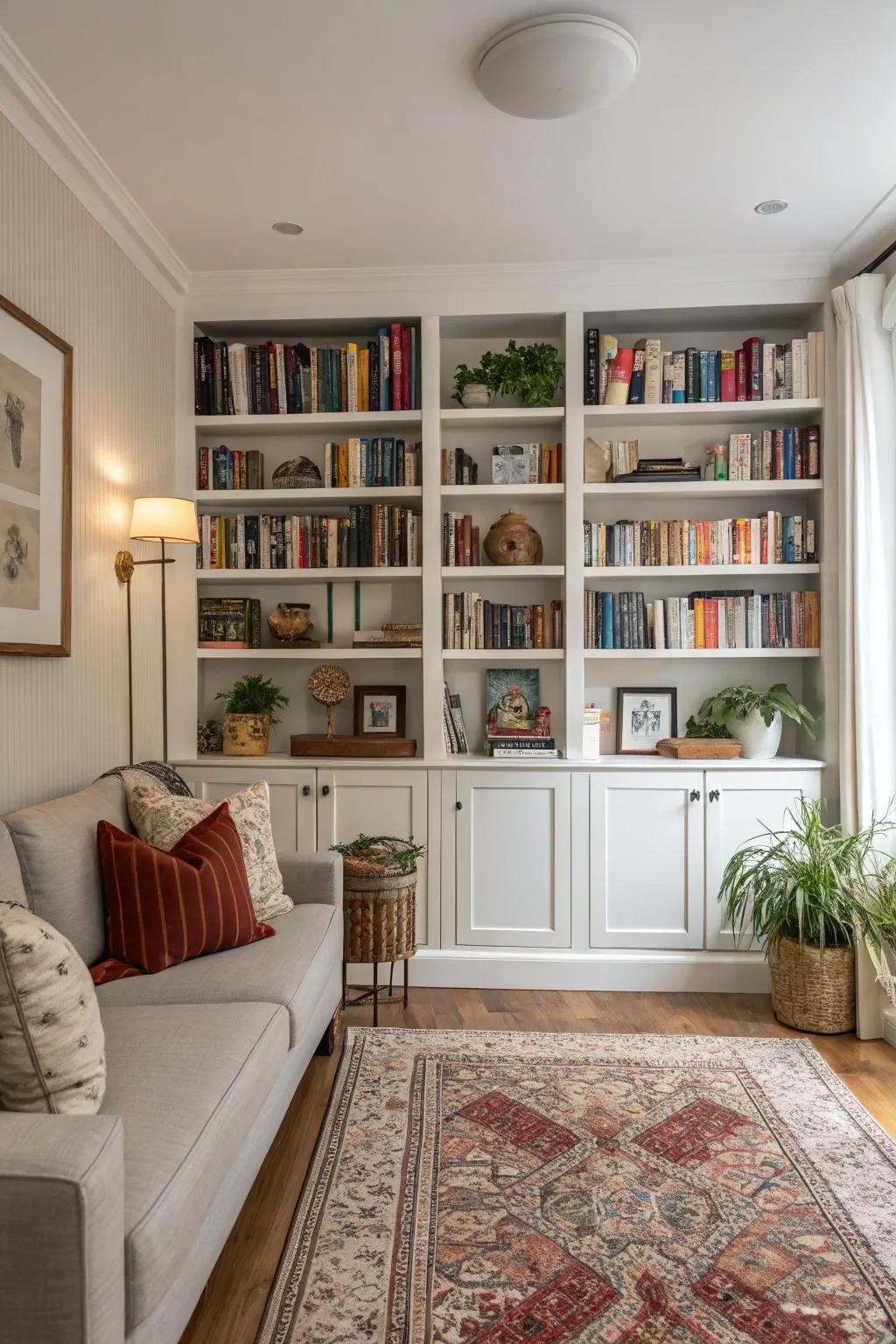 Shelving that is built in brings both storage and style to the area.