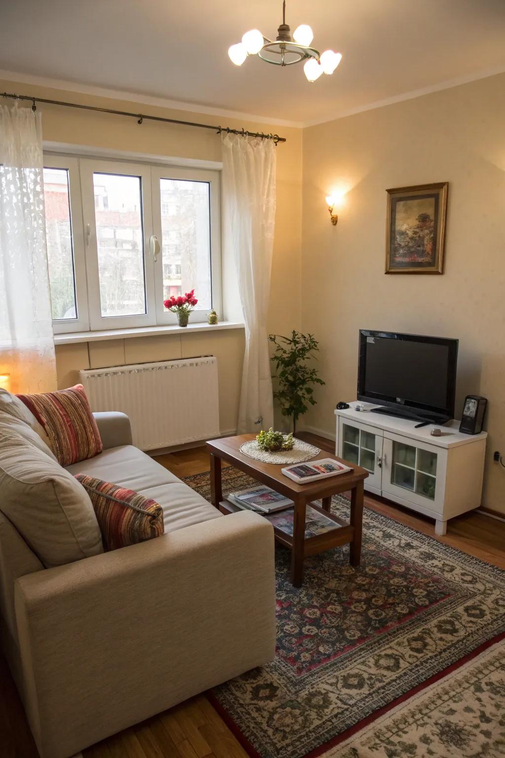 Small-scale furniture ensures your living room feels spacious and inviting.