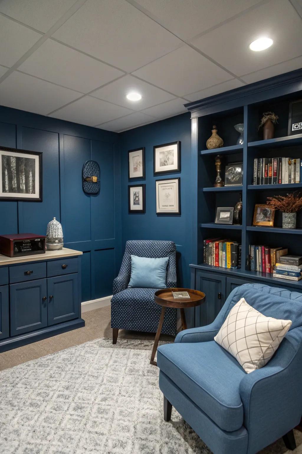 A uniform color palette in azure shades cultivates a roomy and congruent aesthetic.