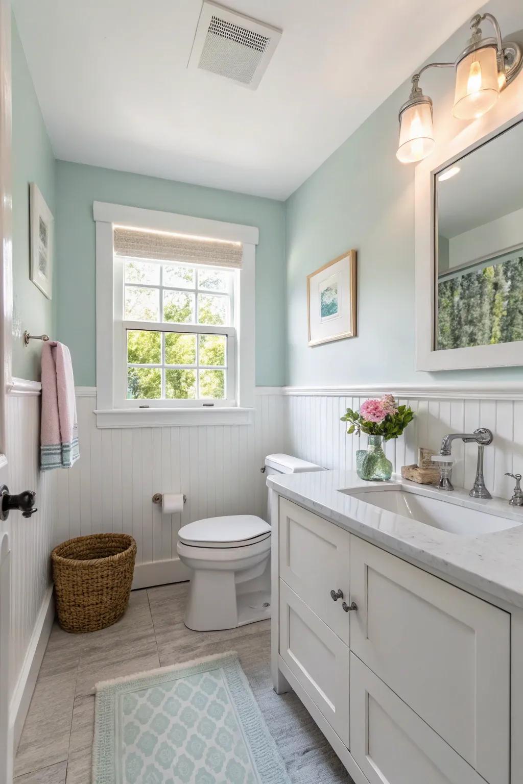 Pale colors enhance the impression of space in a small bathroom.