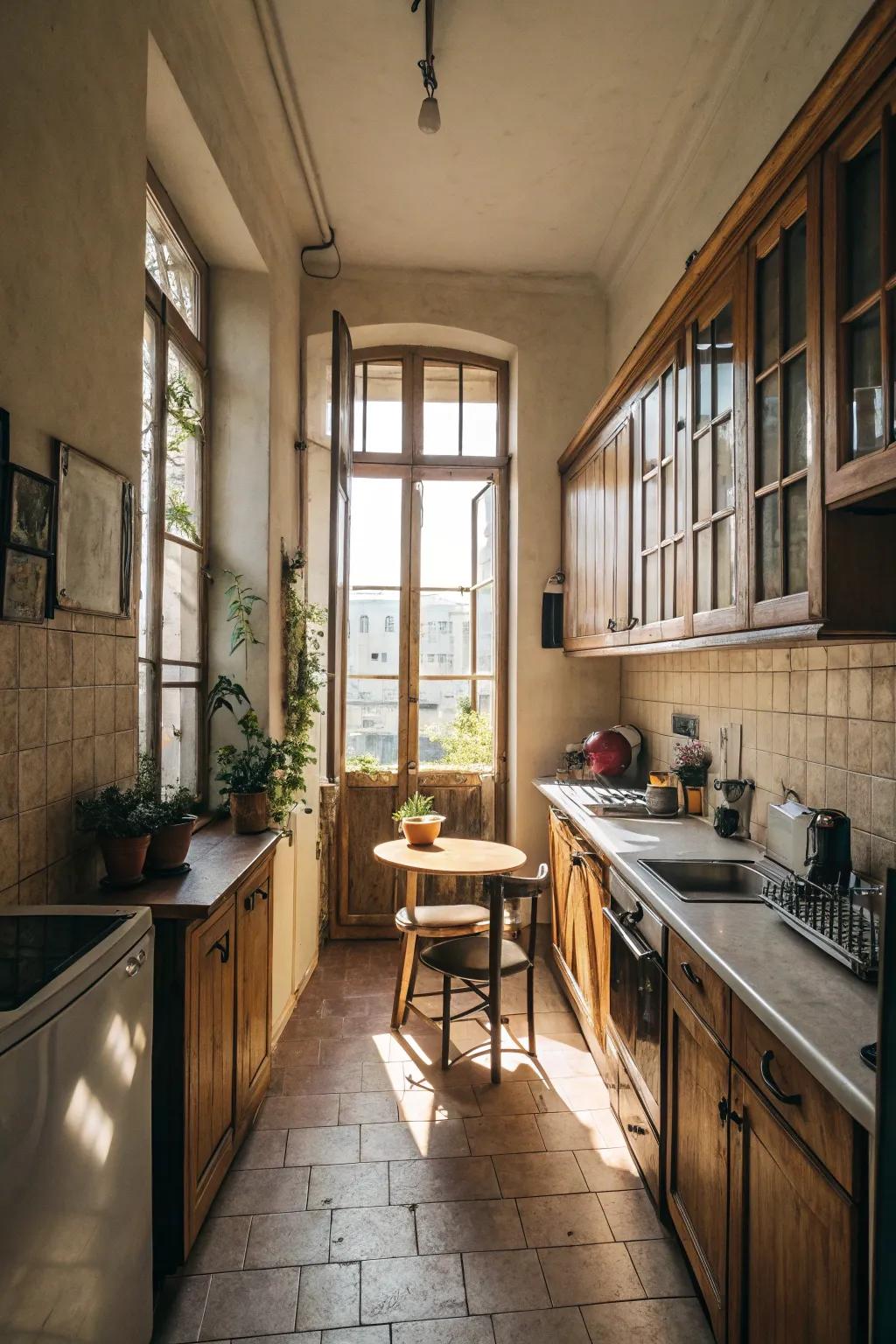 Sunlight enhances the spacious perception of this narrow cooking area.