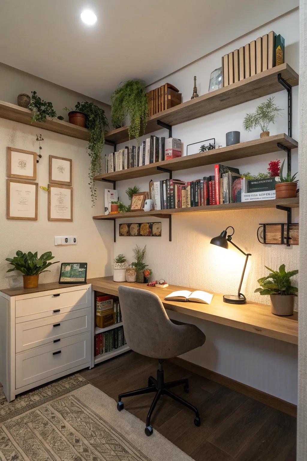 A functional vertical storage approach featuring wall-mounted shelves.