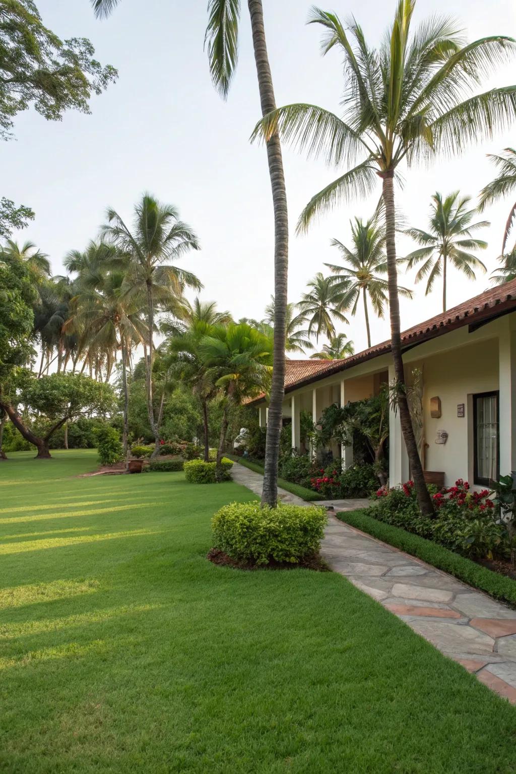 A spacious lawn, dotted with palm accents, perfectly balances open space and lush greenery.