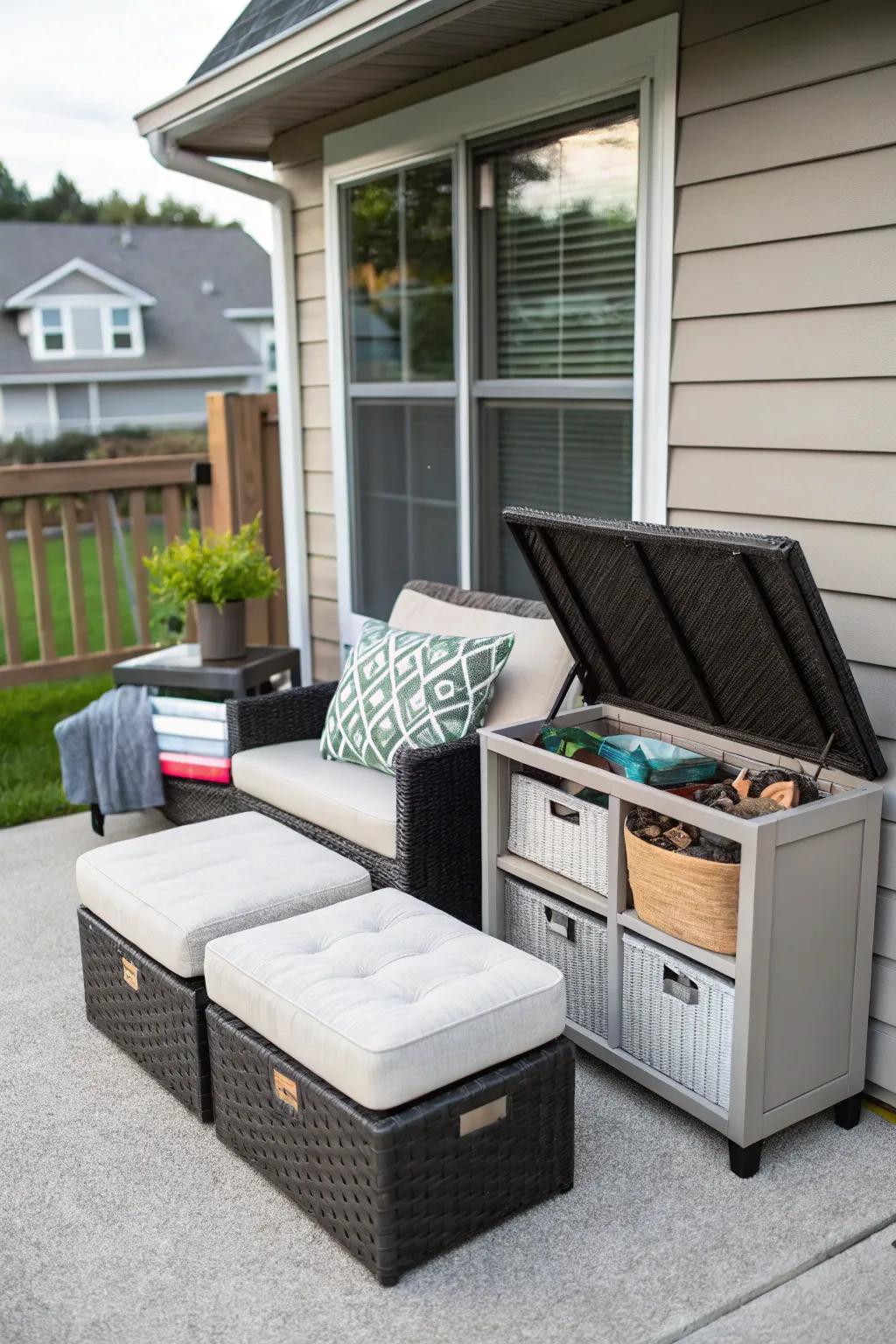 A small patio showcasing multi-purpose furniture to maximize practicality.