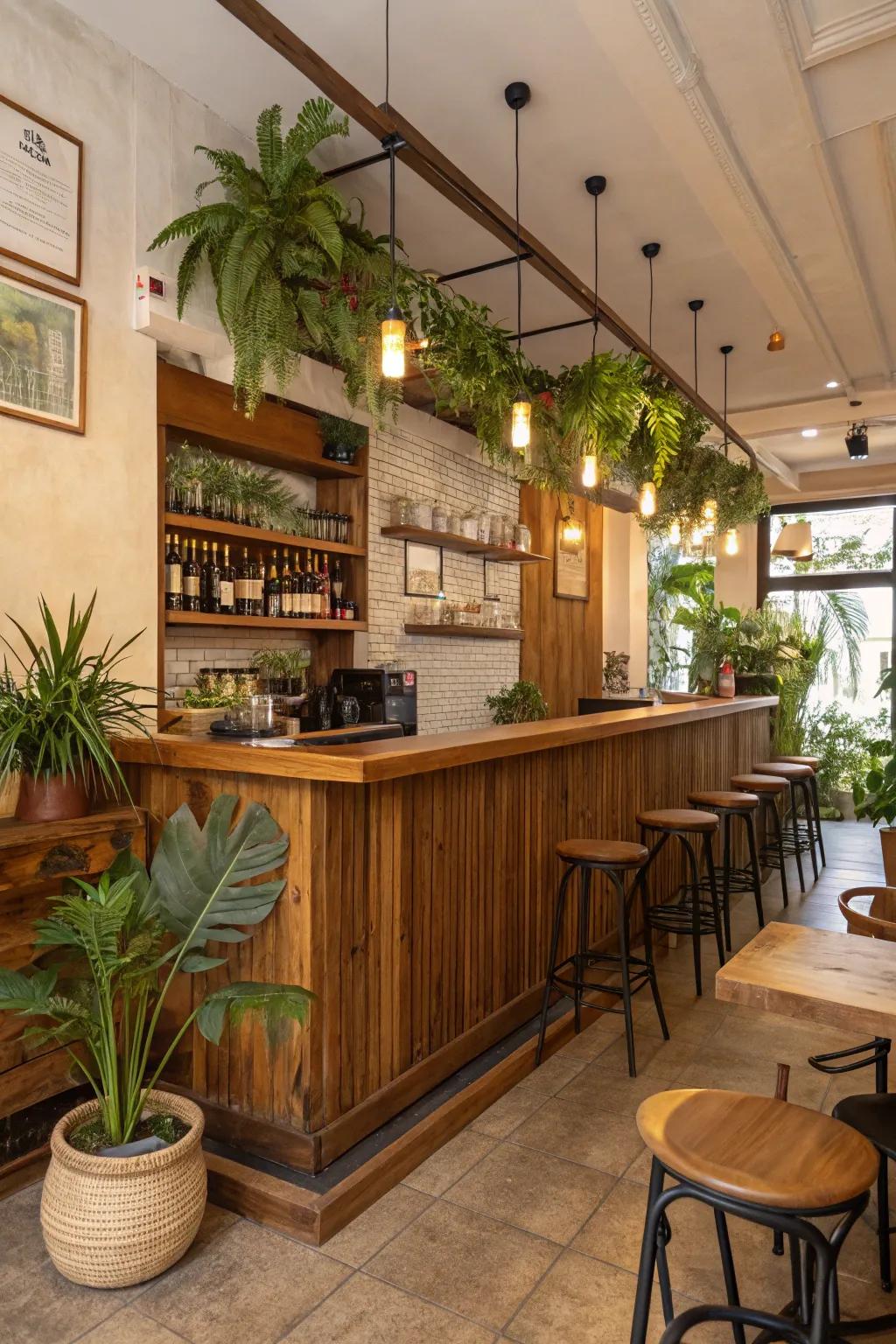 Natural elements such as wood highlights and greenery enhancing the warmth of a cozy restaurant bar.