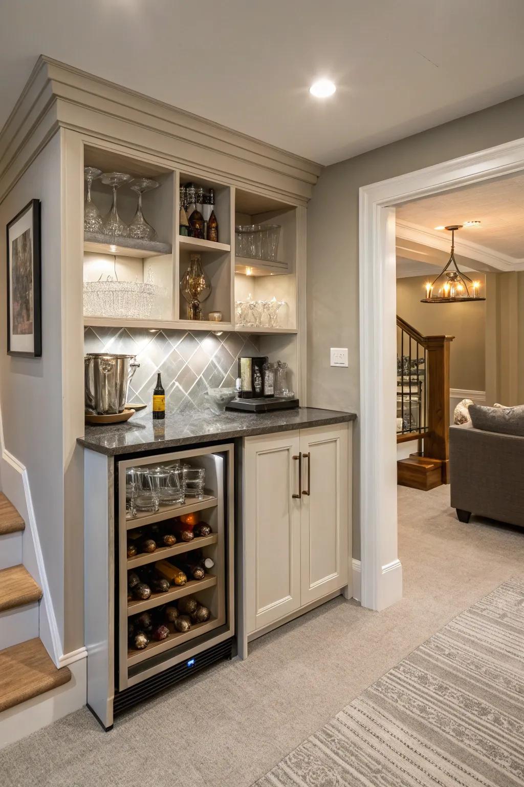 An elegant mini bar can transform your basement into an ideal entertainment area.