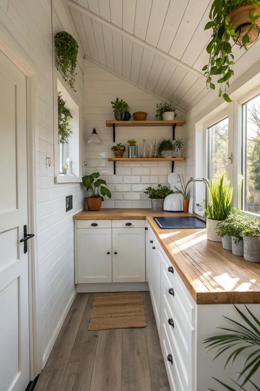 Nature-inspired elements bring a sense of warmth to a bright cooking area.