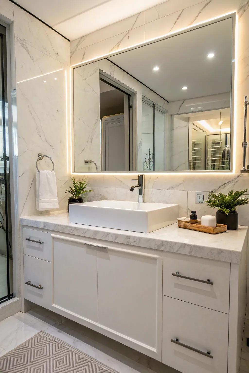 Marble countertops bring sophistication to any restroom.