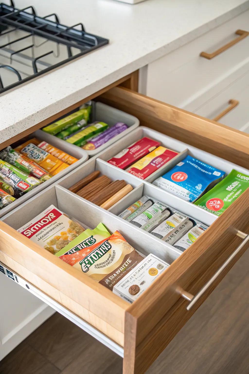 Drawer dividers assist in keeping snack storage orderly.