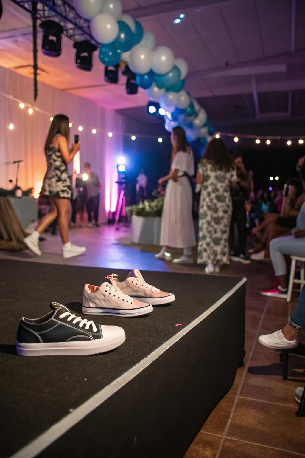 Visitors flaunting their footwear on a fashionable runway.