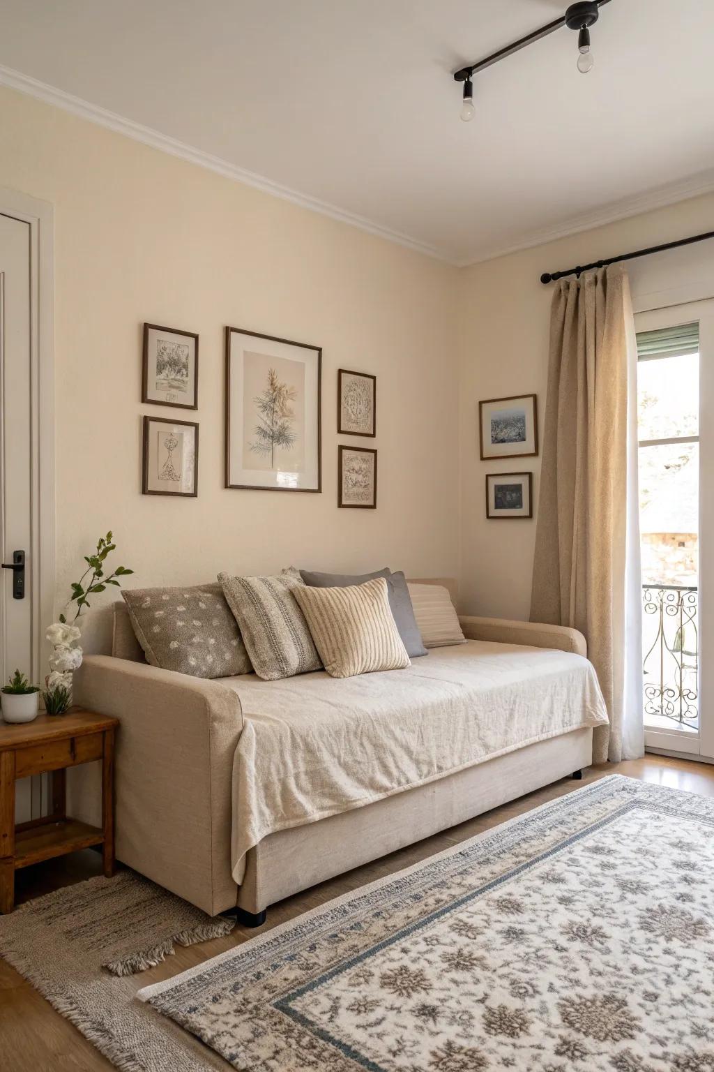 Soft colors create a peaceful bedroom atmosphere.